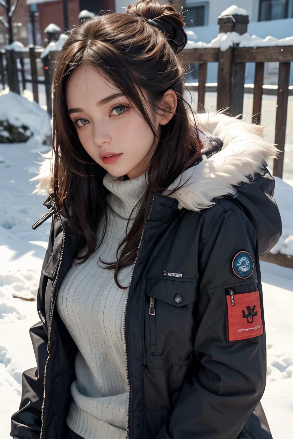 ropa de refugio, blusa, ski jacket, piel guepardo, ropa con mucho pelo, abrio invierno, parka, tetas grandes, a 20 year old female, Pelo largo y rojo, con tetas grandes, tema oscuro, tonos relajantes, colores apagados, alto contraste, (textura natural de la piel, hiperrealismo, luz suave, afilado) refugio, parka