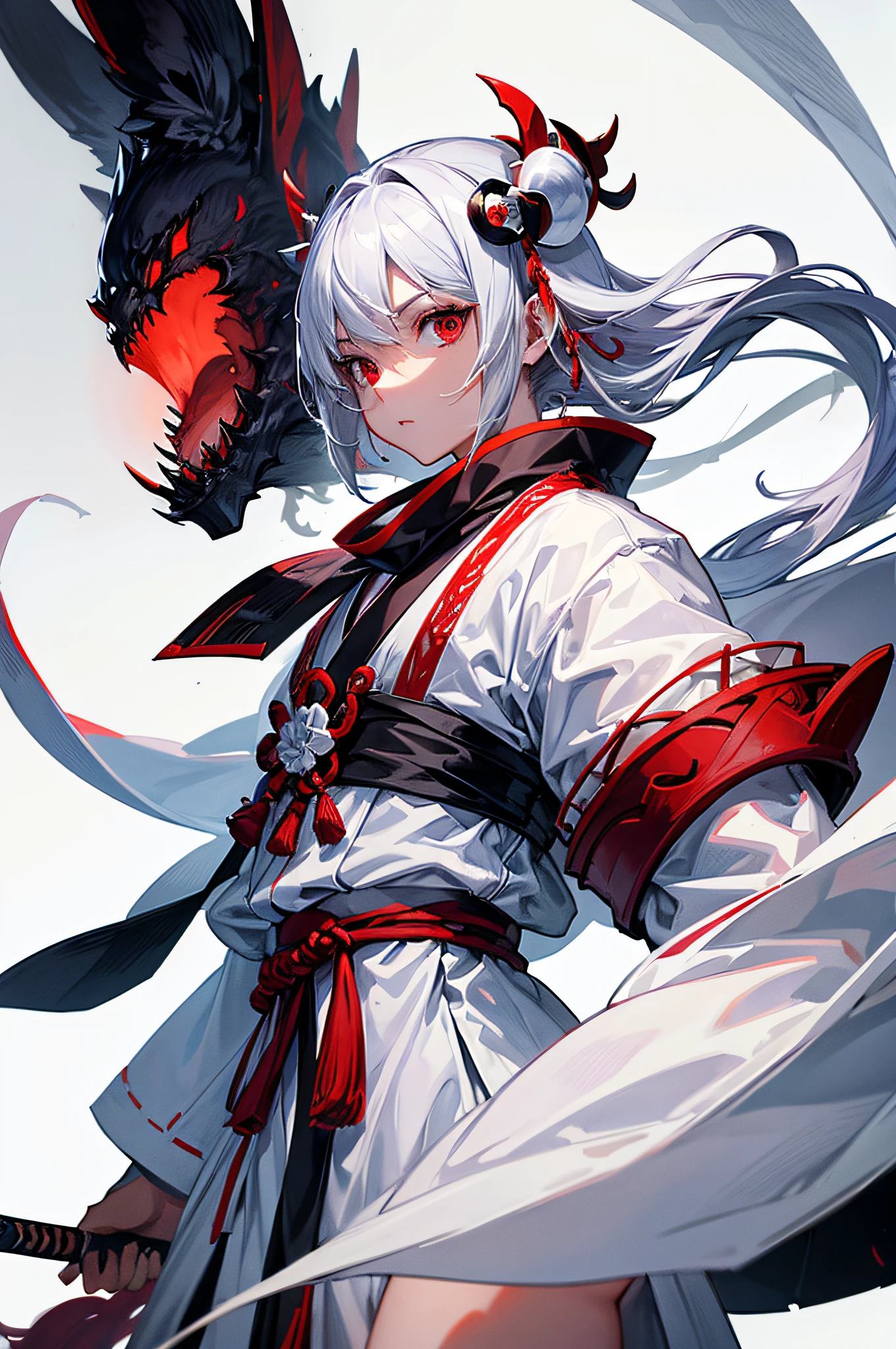 white  clothes　Black sword　scabbard　Sword　samurais　femele　Red eyes　Onmyoji