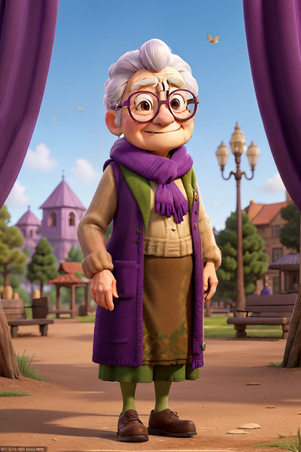 masterpiece, best quality, an old woman with glasses and a scarf on, wearing a purple coat and green scarf, standing at the park