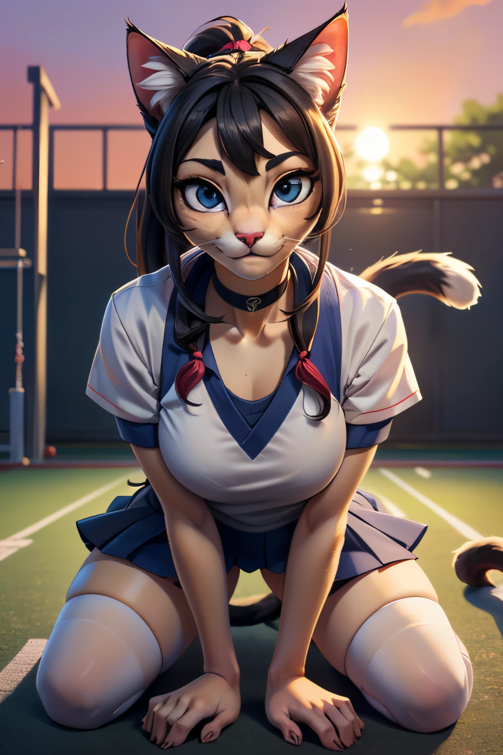 ((ultra quality)), ((tmasterpiece)), Girl-khajiit, Japanese school girl, anthro cat, furry, ((black long hair tied into a ponytail)), ((there are only cat ears)), ((There is a cat's long tail in the back)), Beautiful cute face, beautiful female lips, charming beauty, ((Kind expression on his face)), looks at the camera with his eyes slightly closed, ((Skin color: white)), ((there is cat hair on the body)), Body glare, ((detailed beautiful female eyes)), ((kblack eyes)), beautiful female hands, ((perfect female figure)), ideal female body shapes, Beautiful waist, big thighs, Beautiful butt, ((Subtle and beautiful)), seductively worth it ((bottom perspective close up)), ((dressed in Japanese school sports uniform, white tshirt, dark blue knee socks, white and blue sneakers, black choker around the neck), background: The Japanese School, school gym, beautiful red sunset outside, ((Depth of field)), ((high quality clear image)), ((crisp details)), ((higly detailed)), Realistic, Professional Photo Session, ((Clear Focus)), ((cartoon)), the anime, NSFW