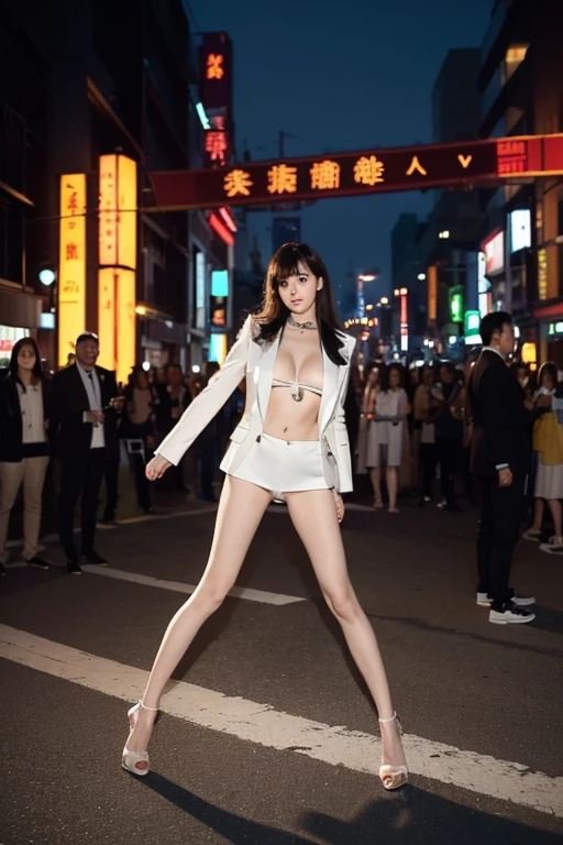 (8K, Best quality at best, tmasterpiece, actual, realisticlying, ultra - detailed:1.3), (1个Giant Breast Girl, Beautiful Japanese), (blazer jacket, Legging suit:1.3), ssmile, (gigantic cleavage breasts, Chopping:1.2), (barechested, Shirtless:1.3), (crowd of), By bangs, navel, (Willow waist, full bodyesbian, Legs are very thin and long, high-heels:1.3), choker necklace, Wrist watch, Bao, fashion model posing,
