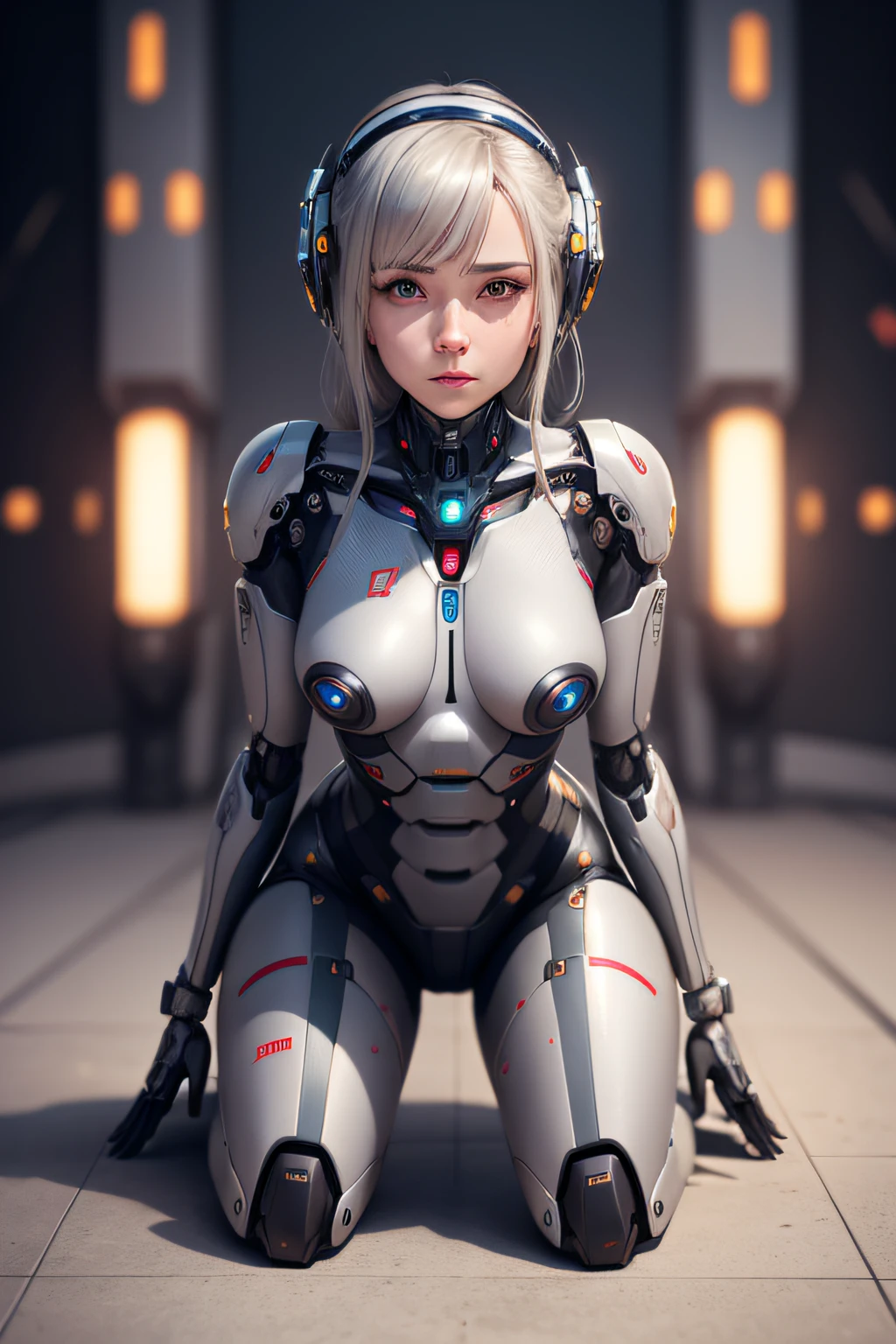 A female robot kneels down and looks up at you as if pampering you.. Mechanical arm mechanical legs The fuselage is mechanical, nffsw, retinas, masutepiece, ccurate, Anatomically correct, Textured skin, high details, High quality, Best Quality, hight resolution