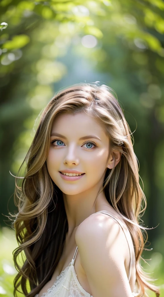 American white woman with unparalleled looks、dark blonde、hair tied with a ribbon、Hair is wavy、The ends of the hair are curled、blue eyess 、A slender、Out of focus background of open meadow in the forest、The sun filtering through the trees is beautiful、a smile、Looking at the camera、Slender but well-proportioned body with large breasts、Posing like a model、Raking up hair、There must be space above the head、Breast bare、Very high definition、Wearing black lace clothes