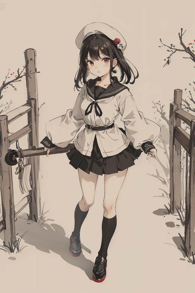 sparrow, a black haired girl, wearing a black sailor uniform, medium hair, beret, winter uniform, slim body, , curious face, a japanese school girl. she is standing in the shrine