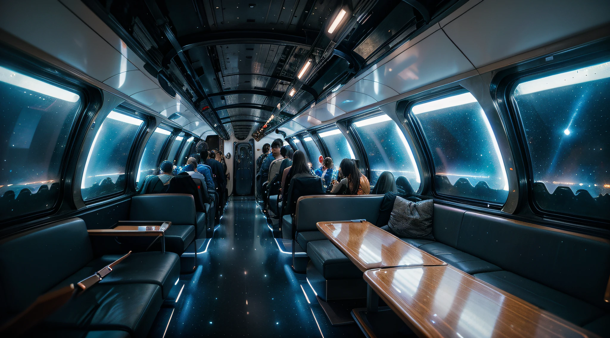 View of the train from outside, A space train rushes through the space between galaxies and planets, Futuristic Train, many complex details, Masterpiece, Fantastic, hyper-detailed, Space cyberpunk