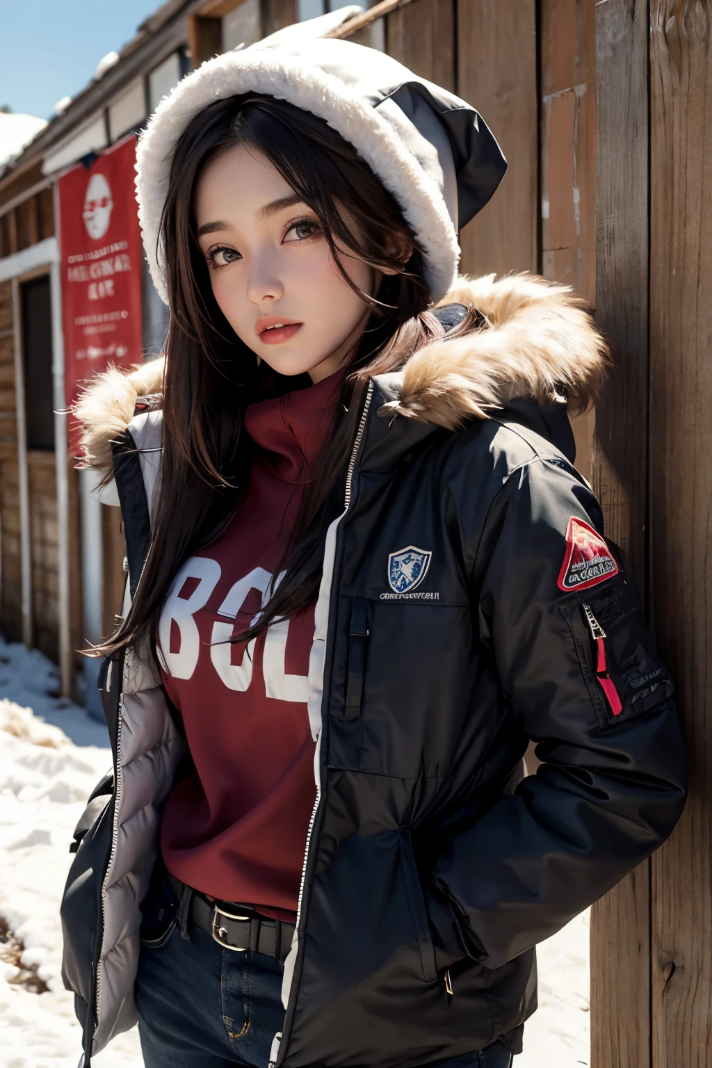 20-year-old woman, semi-long, Brown Hair, Blue Eyes, Fur jacket, Wear the hood deeply, Natural skin texture, Cold regions, High Contrast, Mountain dogs, nice smile, uniform