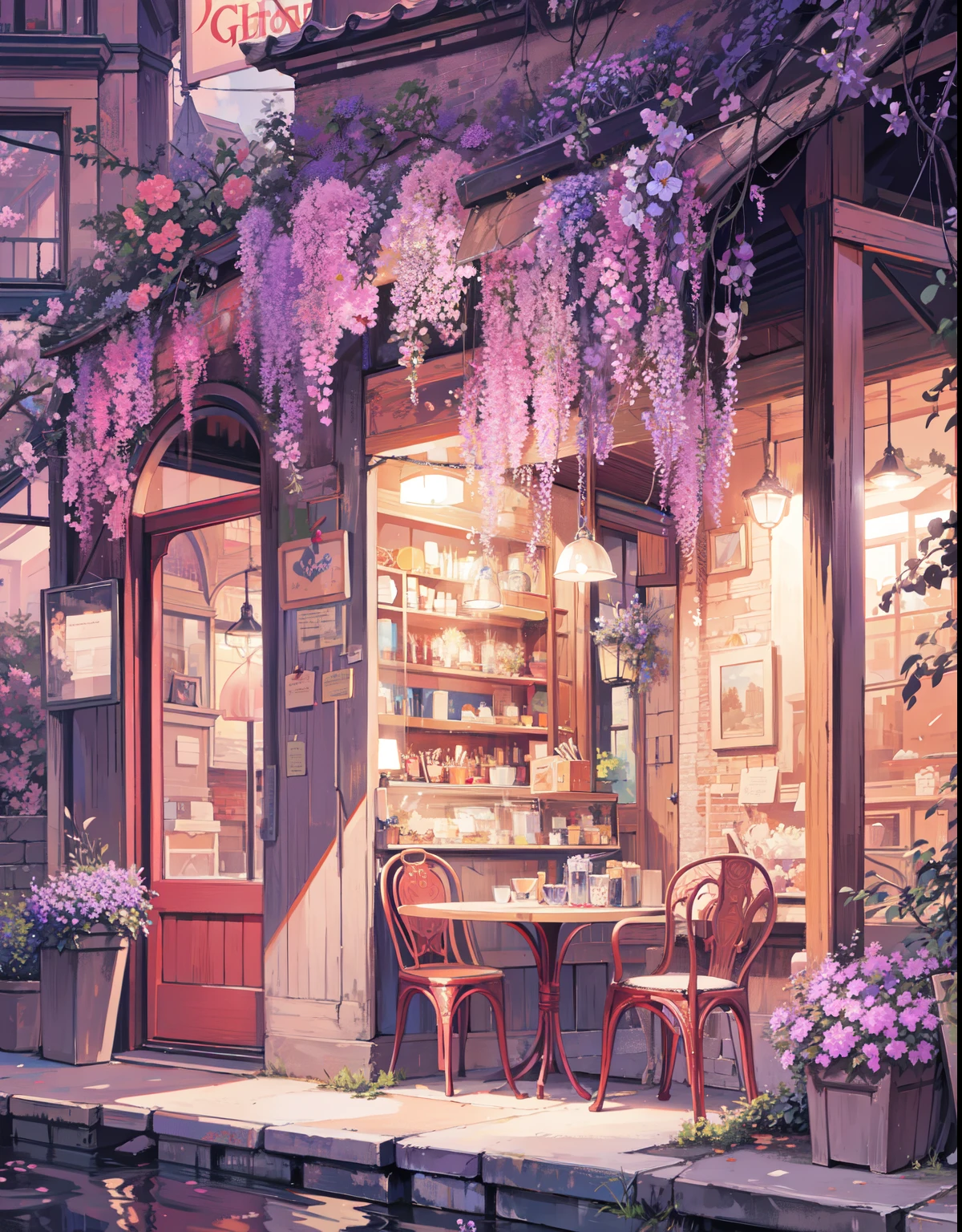 painting of an a old floral street cafe,french, beautiful scenery, stone pavement , purple colour theme, wisteria flowers hanging over cafe,((glistening look)),ghibi style, hd, High quality, water reflection, bushes,4k hd, cloud,beautiful art uhd 4 k, a beautiful artwork illustration, beautiful digital painting, highly detailed digital painting, beautiful digital artwork, detailed painting 4 k, very detailed digital painting, rich picturesque colors, gorgeous digital painting