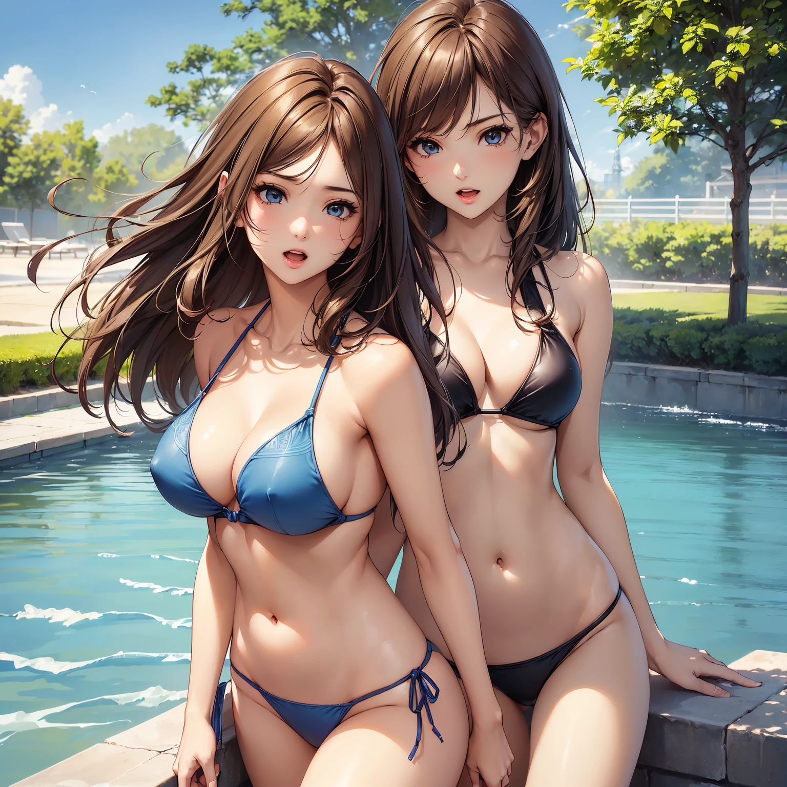 (top-quality、​masterpiece、very high res、An ultra-high picture quality、High quality pixels)、(1girl,She is an extremely beautiful woman、And she is 18 years old、Excellent style,1 person、Single、独奏:1.5)、(She is a very beautiful woman with a beautiful face,it&#39;s the perfect style)、(Beautiful face written in detail,Beautiful body,Eyes with a strong will,Beautiful eyes,Beautifully colored hair,Beautiful skin texture)、(Beautiful hair quality,Variety of hairstyles)、(Slender body and beautiful breasts)、(Lovely smile,Open mouth)、(Wearing a bikini swimsuit,String bikini,patterned  bikini,beautiful outdoor pool,Beautiful blue sky),(model poses,modelshoot,Magazine shooting,Hair flutters under the influence of the wind),The wind is blowing、Beautiful Art Style,an animated character、(The whole picture、Detailed picture、accurate anatomy、Defect-free images、extremely detailed picture、Accurate images、image perfect)、(Best Shot Photo 1.2)