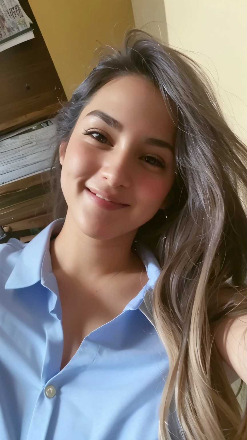 mulher argada com cabelo longo e camisa azul posando para uma foto, foto de perfil, selfie de uma jovem mulher, imagem de perfil, imagem de qualidade muito baixa, ela tem cerca de 1 6 anos de idade, Fotografia selfie 8k, foto do perfil, muito ligeiramente sorridente, foto de perfil headshot, album photo, taken in the early 2020s, com um lindo sorriso