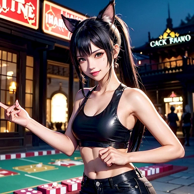 A Miqo'te Final Fantasy 14, wears Black jeans and a black top,, Samourai Sword, Crossing arms, Black hair with pink highlights, Cyan eyes, Ponytail, black skin tone, in a casino, Portrait, smiling face, tribal mark, outdoor scene,