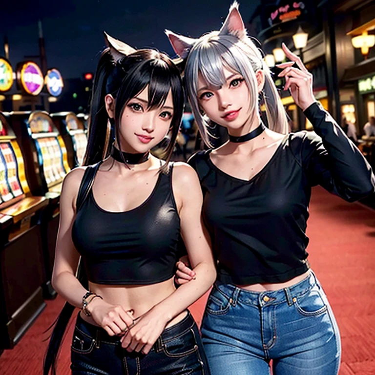 A Miqo'te Final Fantasy 14, wears Black jeans and a black top,, Samourai Sword, Crossing arms, Black hair with pink highlights, Cyan eyes, Ponytail, black skin tone, in a casino, Portrait, smiling face, tribal mark, outdoor scene,