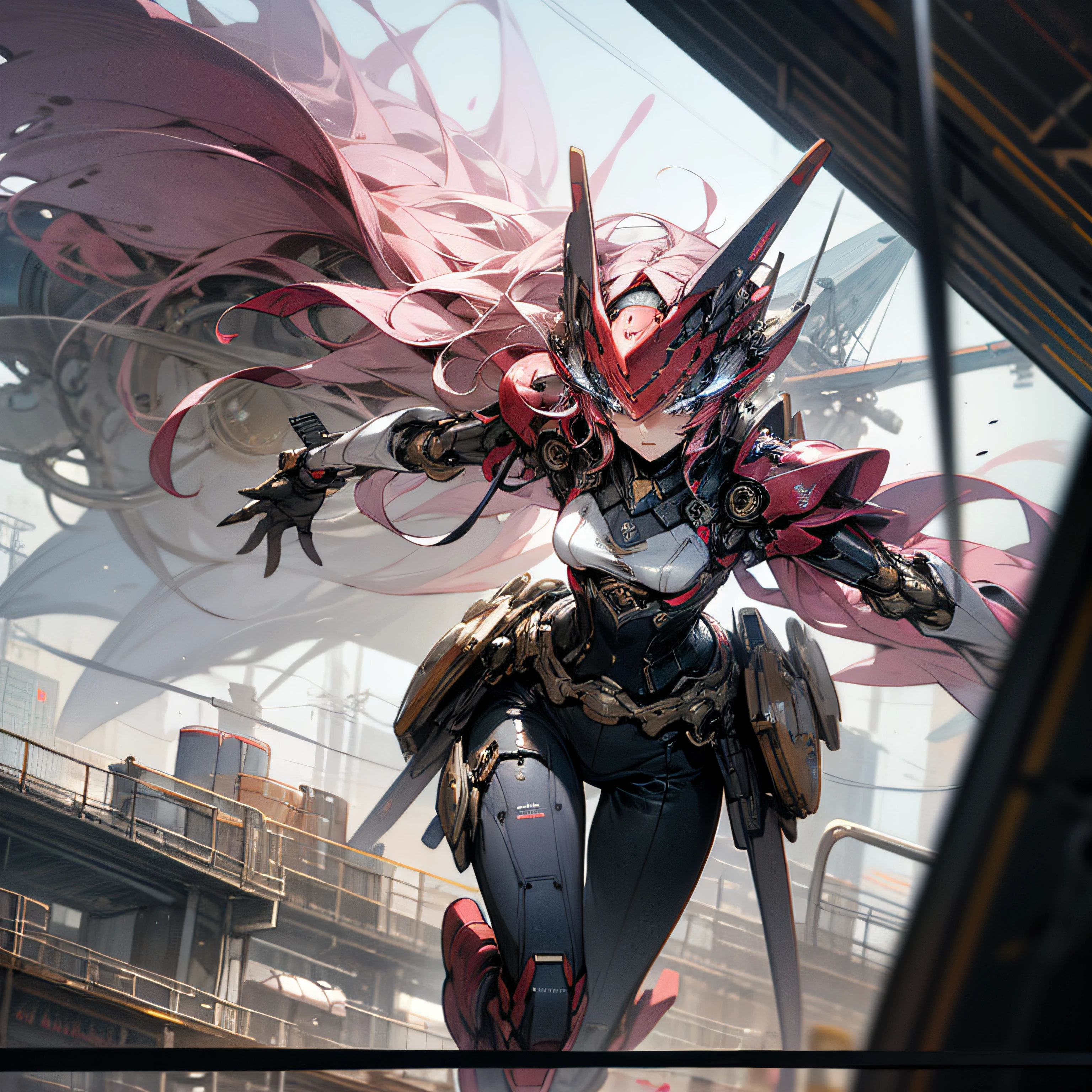Japanese Science Fiction City Vision Cyber Style Mechanical Style Female Warrior Metal Mecha Wearing Costume Clear Corset Forward Convex Back Cocking Running Science Fiction Aircraft Painted Watercolor Style Colorful Watercolor Brush Strokes Illustration --auto