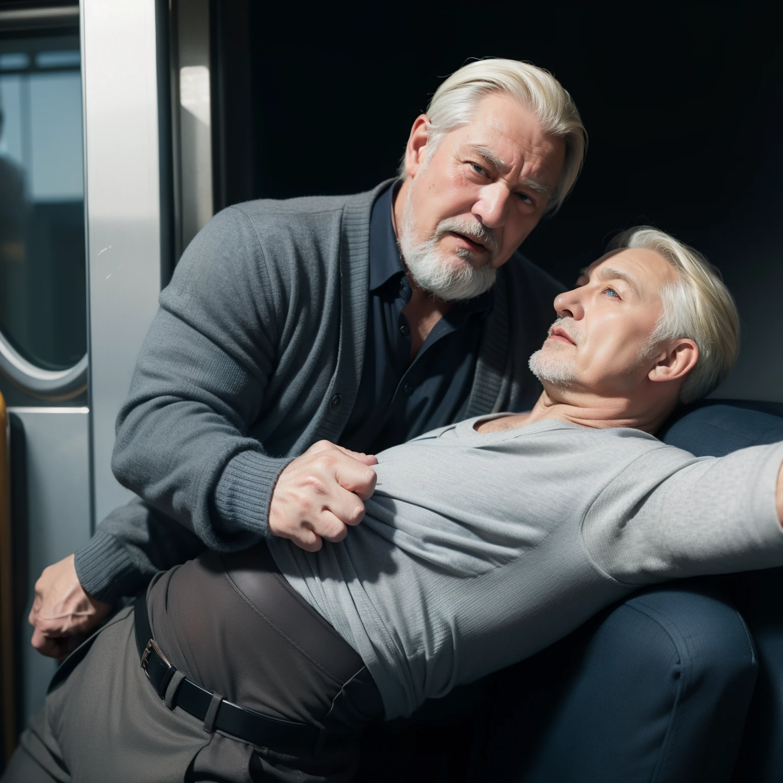 a very manly old man，The train squeezed several people from behind，Hugged him，Speak in his ear，Other men held him in their lap，Pick him up，（wearing bodysuit，The crotch is prominent and big），40k，photography，tmasterpiece，Best quality，dark grey background，（1 blue eyes、Blonde man fast），big ass and plump breasts，Until waiting to be worn、（white cardigan：1.3），old man leaning on back，Picked him up，striking various poses。muscle men，musculous，