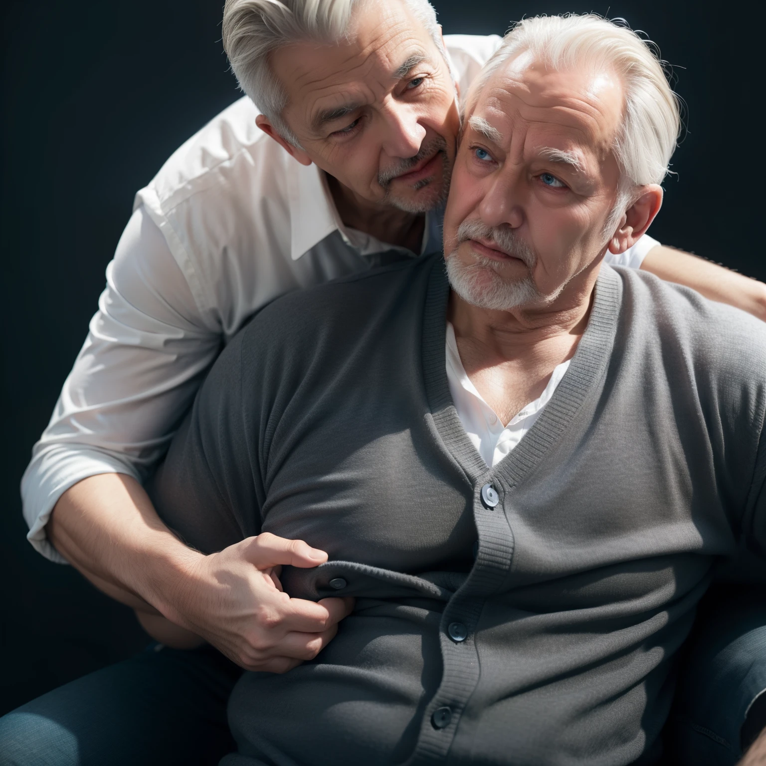 a very manly old man,The train squeezed several people from behind,Hugged him,Speak in his ear,Other men held him in their lap,Pick him up,(wearing bodysuit,The crotch is prominent and big),40k,photography,tmasterpiece,Best quality,dark grey background,(1 blue eyes、Blonde man fast),big ass and plump breasts,Until waiting to be worn、(white cardigan:1.3),old man leaning on back,Picked him up,striking various poses。muscle men,musculous,