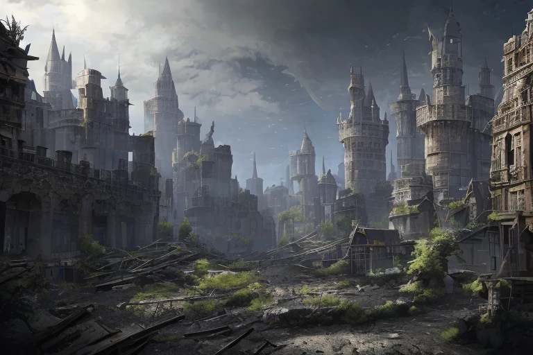 (masterpiece,newest,exceptional:1.2),1girl,depicts a world that has been ravaged by magic, Please use the image generation AI to create an image that is dark and foreboding, and includes elements such as ruined castles, abandoned cities, or other signs of devastation, The image should have a high resolution, so that it can be used as a desktop background