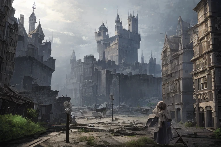 (masterpiece,newest,exceptional:1.2),1girl,depicts a world that has been ravaged by magic, Please use the image generation AI to create an image that is dark and foreboding, and includes elements such as ruined castles, abandoned cities, or other signs of devastation, The image should have a high resolution, so that it can be used as a desktop background