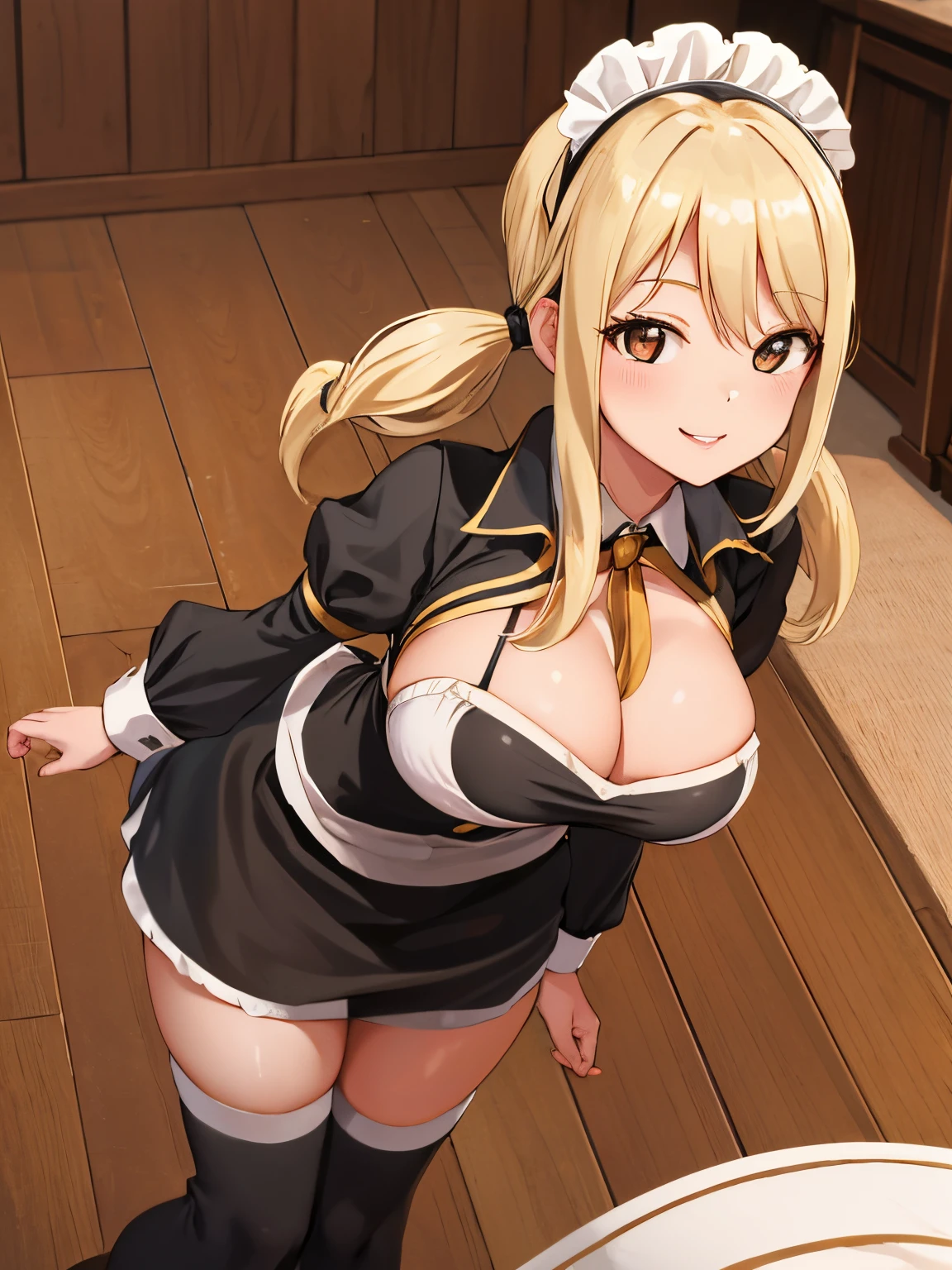 ​masterpiece, top-quality, hight resolution, Lucy Heartphilia, blonde  hair, length hair, large full breasts, (Black Maid Outfit:1.3), A smile, (1girll:1.3), Twin braids