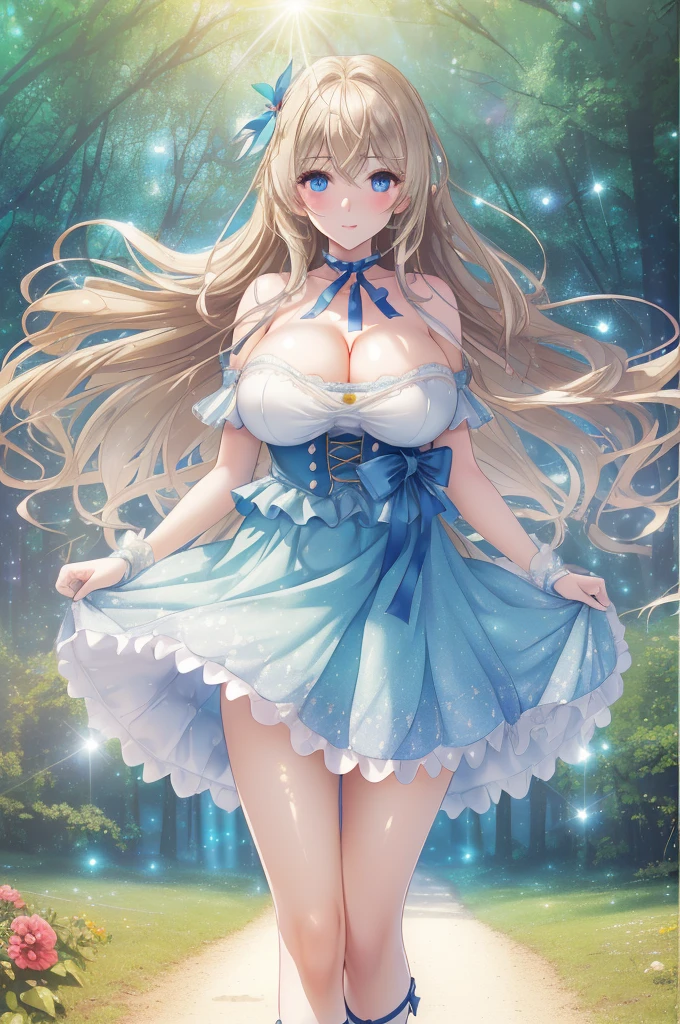 (tmasterpiece, top-quality, Best quality at best, offcial art, Beautiful and beautiful:1.2), (1个Giant Breast Girl, cute big breasts:1.2), extremely detaile, Colorful, The most detailed ((ultra - detailed)), (Highly detailed CG illustration), ((Extremely Delicately Beautiful)),(Outdoor activities, naturey, country, mont, has cleavage, brunette color hair, long whitr hair, eBlue eyes, Large breasts, Light particles, lens flare glow, depth of fields, spark of light, bokeh, Mottled sunlight, daysies, sun skirt, trekking shoes, Ribbon choker, himawari:1.2),