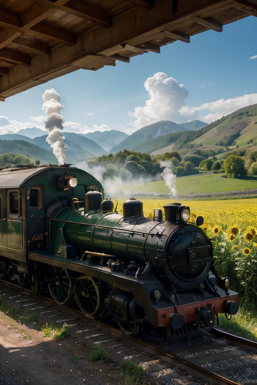 A train,riding through a vibrant countryside,sunlight streaming through the windows,romantic scenery,old-fashioned steam engine,clouds of smoke,puffs of steam,tunnels rushing by,the sound of wheels on tracks,passengers in period costumes,excitement and anticipation,dreamlike atmosphere,soft focus effect,artistic brushstrokes,rich color palette,warm tones,morning sunbeams,glowing landscapes,majestic mountains,rolling hills,lush green fields,flower-filled meadows,flowing rivers and streams,sunflowers swaying in the breeze,birds flying overhead,happy faces,laughter and chatter,adventure awaits. (best quality,4k,8k,highres,masterpiece:1.2),ultra-detailed,(realistic,photorealistic,photo-realistic:1.37),HDR,UHD,studio lighting,ultra-fine painting,sharp focus,physically-based rendering,extreme detail description,professional,vivid colors,bokeh,portraits,landscape.