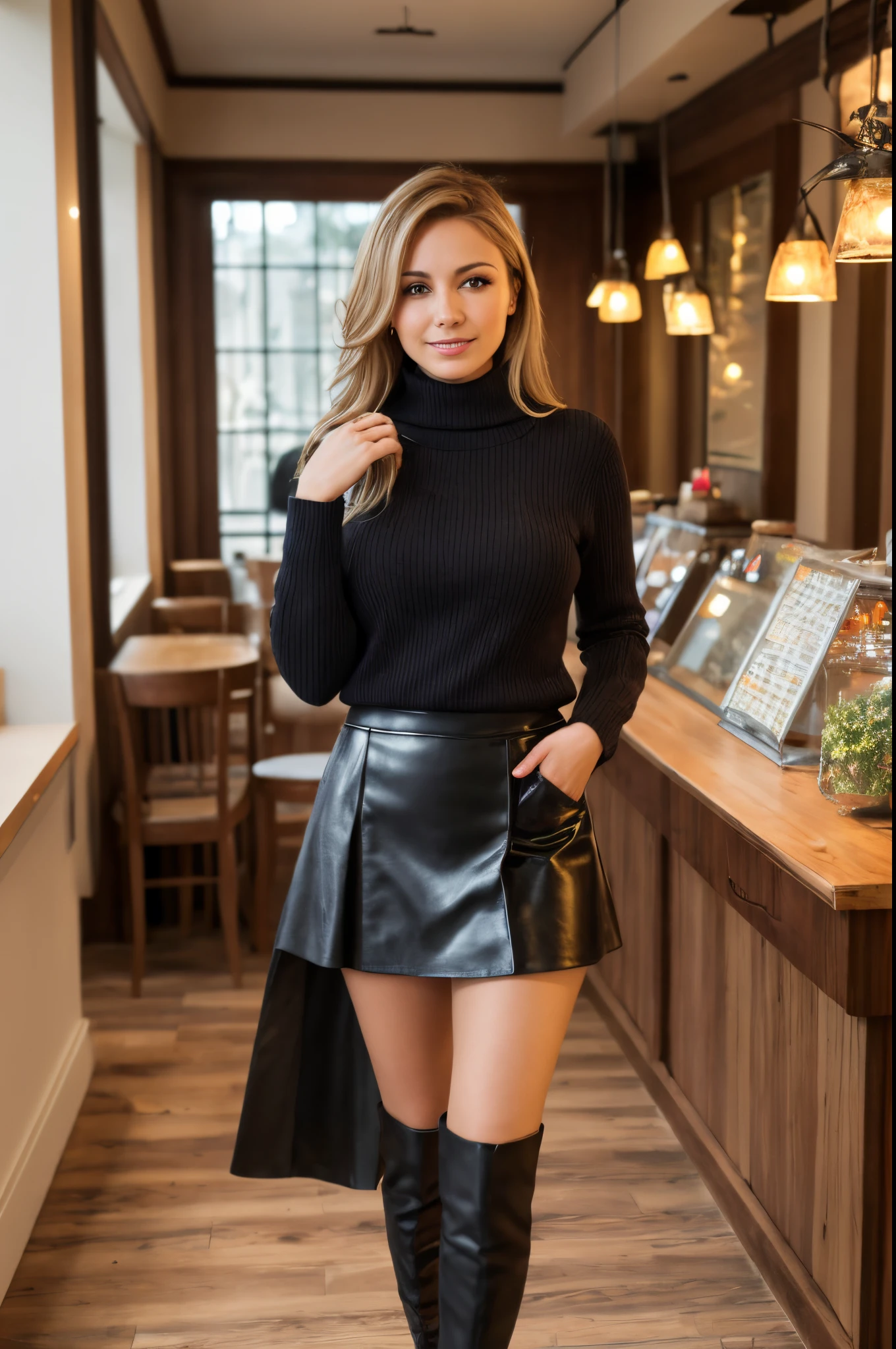 Full body image of a Latin blonde woman, Meisterwerk, High-resolution photorealistic masterpiece, Professionelle Fotografie, Attraktiv, Vollfarbe, Ultra-detailliert, lebendig, Farbenfrohe und perfekte Ikonografie, nahaufnahme, von, einer frau, Stehen in der Mitte des Teeladens, Dunkelkammer, Dunkle Nacht, Hinterleuchtete Details aus dem Fenster, Ruhige Farben, 35mm Meisterwerk, full entire body, smil, big breasts, Einfacher Kakhi Rollkragenpullover, schwarze Lederstiefel, (( Zuschauer beobachten: 1.1)), (((Schwarzer ausgestellter Rock))