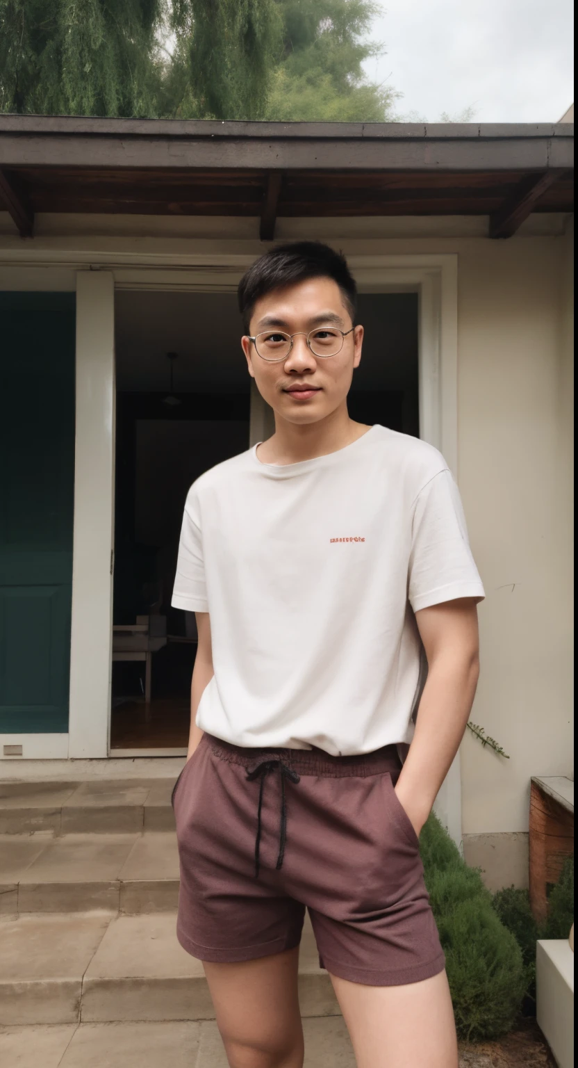 Old photo, Andrew thomas huang, oval face, square eyeglasses, slim, oversized shirt, shorts, in front of the house
