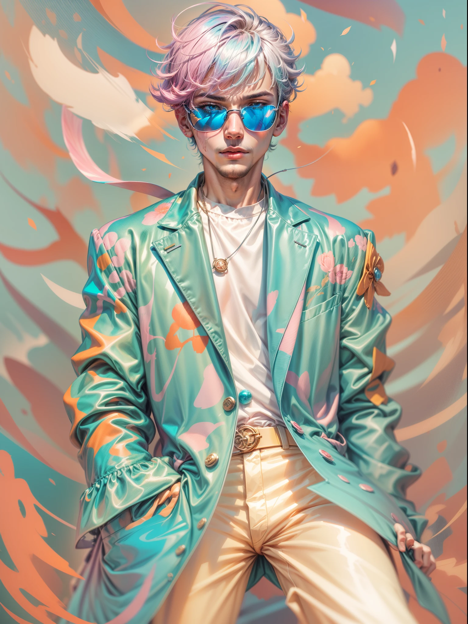 a man, in a dynamic pose wearing an expensive and fashionable outfit, designed by Gucci::3, tumblr, inspired by Yanjun Cheng style, digital art, internet boy lofi meme, trend in dezeen, catalog photo, 3 d render beeple, rhads and lois van baarle, cartoon style illustration, bright pastel colors, a beautiful art illustration, retro anime boy --ar 2:3 --q 2