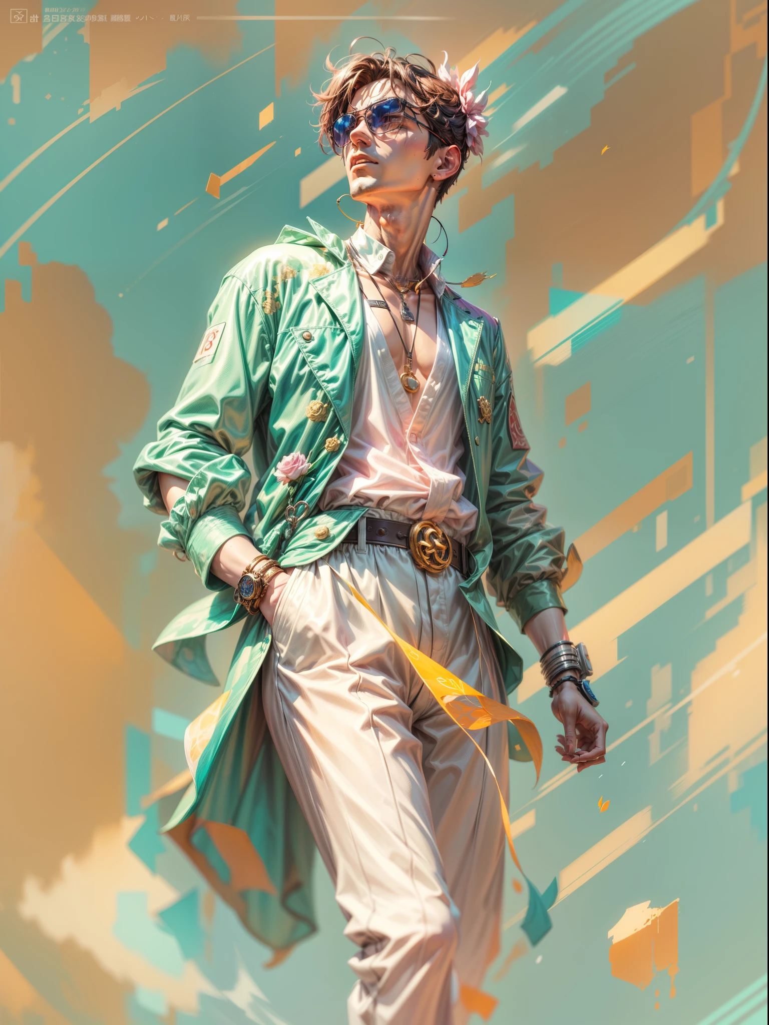 a man, in a dynamic pose wearing an expensive and fashionable outfit, designed by Gucci::3, tumblr, inspired by Yanjun Cheng style, digital art, internet boy lofi meme, trend in dezeen, catalog photo, 3 d render beeple, rhads and lois van baarle, cartoon style illustration, bright pastel colors, a beautiful art illustration, retro anime boy --ar 2:3 --q 2