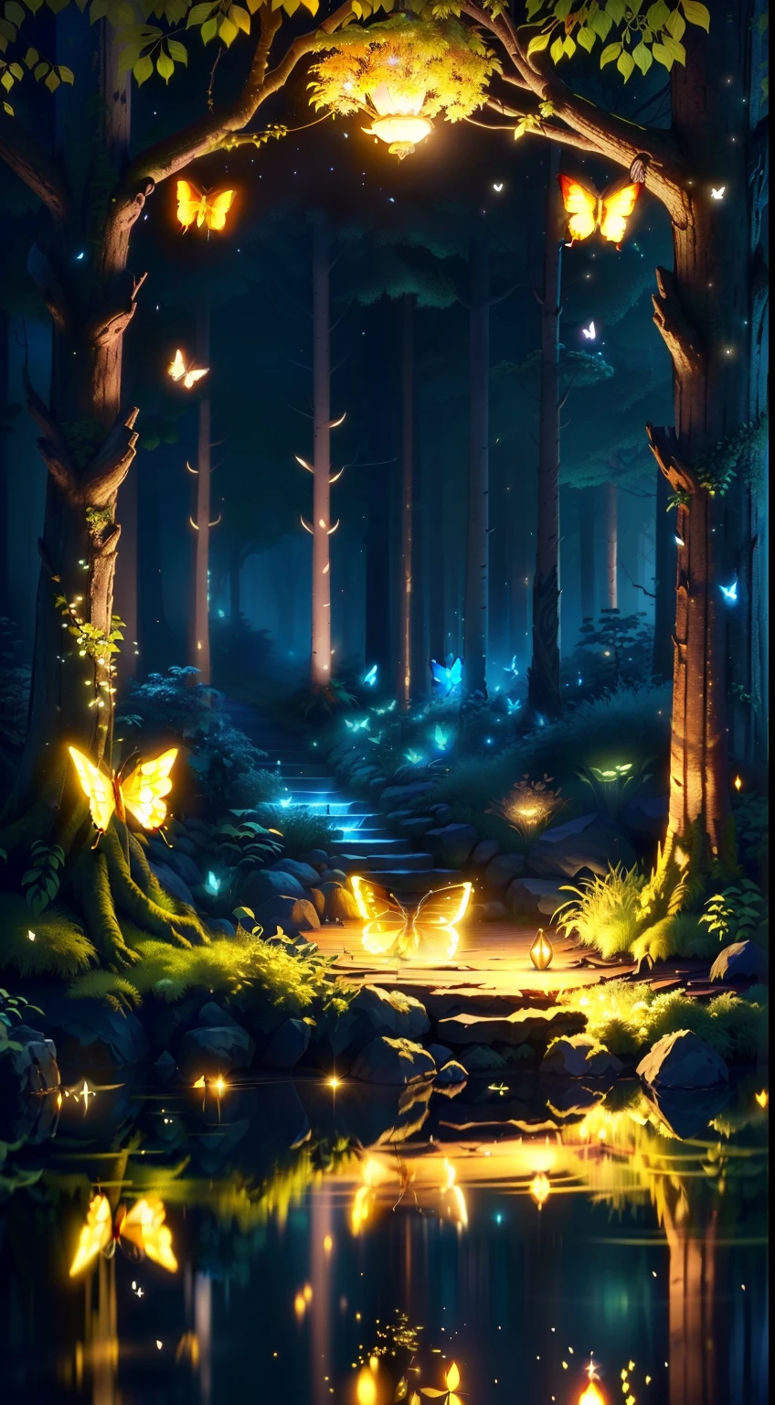 A masterpiece, the best quality, stunning reflections, the best reflections ever. (very detailed CG unity 8k wallpapers), (best quality), (best illustrations), (best shadows), forest theme with natural elements. Tall trees, quiet streams, small glowing mushrooms surrounded by delicate leaves and branches, with fireflies and glowing particle effects,, (natural elements), (jungle theme), (leaves), (twigs), (fireflies), butterflies, (delicate leaves), (glow), (particle effects). , Isometric 3D, Octane Rendering, Ray Traced, Super Detailed