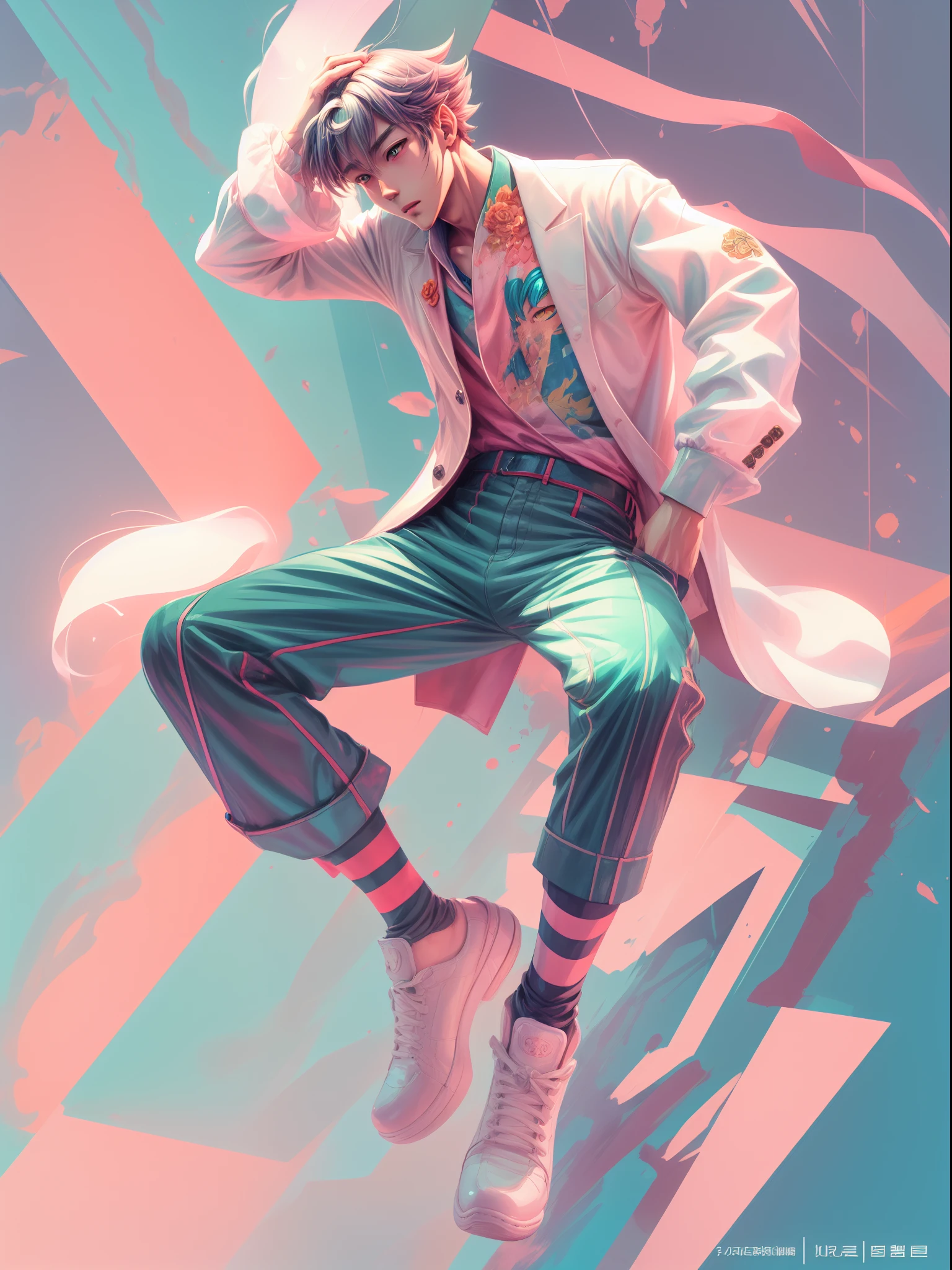 a man, in a dynamic pose wearing an expensive and fashionable outfit, designed by Gucci::3, tumblr, inspired by Yanjun Cheng style, digital art, internet boy lofi meme, trend in dezeen, catalog photo, 3 d render beeple, rhads and lois van baarle, cartoon style illustration, bright pastel colors, a beautiful art illustration, retro anime boy --ar 2:3 --q 2