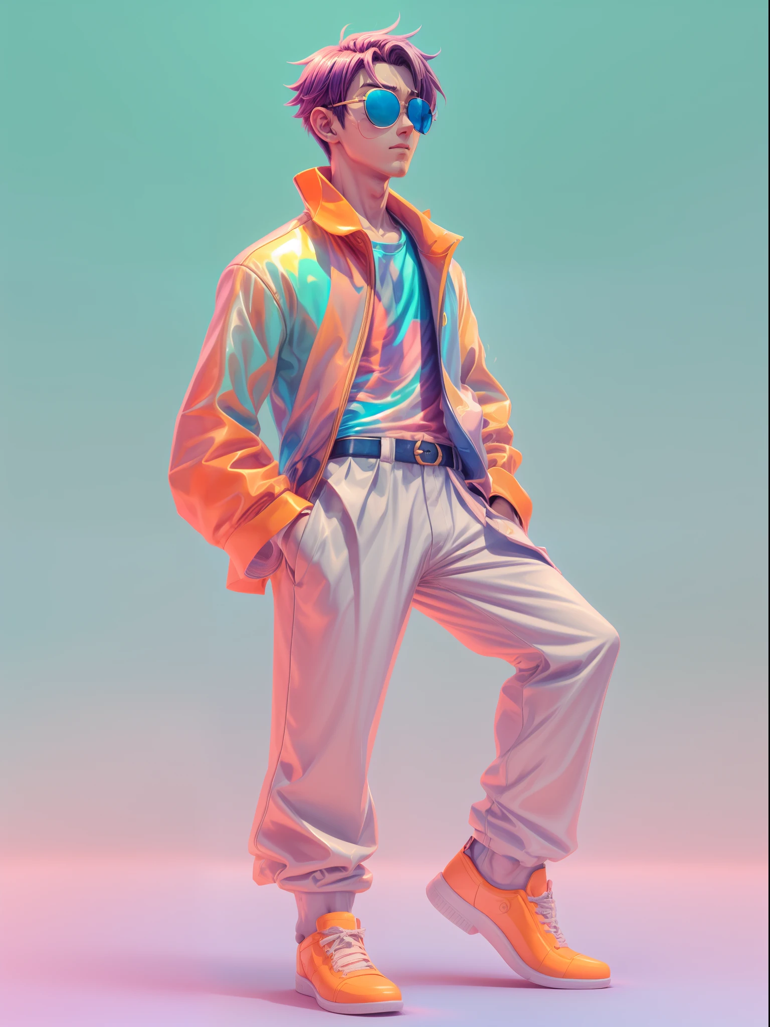 a man, in a dynamic pose wearing an expensive and fashionable outfit, designed by Gucci::3, tumblr, inspired by Yanjun Cheng style, digital art, internet boy lofi meme, trend in dezeen, catalog photo, 3 d render beeple, rhads and lois van baarle, cartoon style illustration, bright pastel colors, a beautiful art illustration, retro anime boy --ar 2:3 --q 2