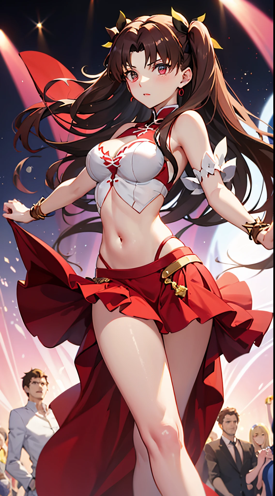 rin tohsaka, medium bust, cleavage, arabian belly dancer, mini skirt, dancing, arabian sexy dress, white dress