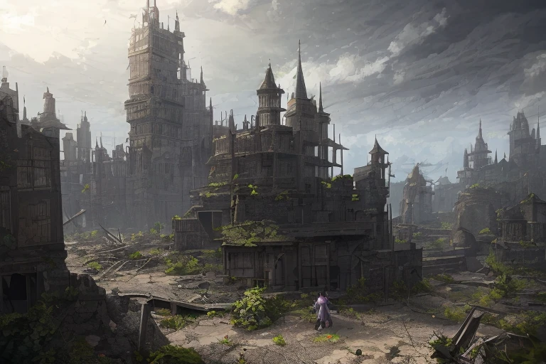 (masterpiece,newest,exceptional:1.2),1girl,depicts a world that has been ravaged by magic, Please use the image generation AI to create an image that is dark and foreboding, and includes elements such as ruined castles, abandoned cities, or other signs of devastation, The image should have a high resolution, so that it can be used as a desktop background