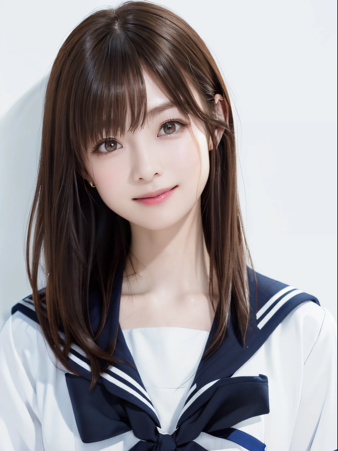 (top-quality、8K、32K、masterpiece、nffsw:1.2)、(Raw photography)、(realisitic)、(Photorealsitic:1.2)、(hight resolution)、ultra-detailliert、extremely beautiful face and eyes、1girl in、round small face、big breasts thin waist、Delicate body、(a closeup、top-quality、high detailing、rich skin detail、nffsw)、(Best Quality、8K、Oil Painting、masutepiece:1.2)、Ultra-detailed、(Realistic、Photorealistic:1.37)、Vibrant colors、(((cheeks are flushed)))、(((Wearing a sailor suit)))、(((I'm smiling with my mouth open)))、(((light brown hair)))、(((Arms folded in front of the chest)))、(((great laughter)))、(((bustshot)))、(((white backgrounid)))、((lob hair))、(((Pure white wall background)))、(((a sailor suit)))、(((Pure white wall background)))