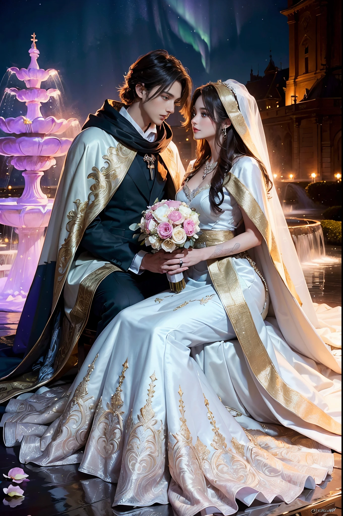 (generate a beautifull bride and a handsome groom, pre wedding photoshoot, luxury fountain background, detail luxury wedding gown. flower decoration, (luxury cloak), beautifull night sky with aurora, comet on the sky, beautifull scene, beautifull face, pretty face, beautifull eyes, beautifull nose, raytracing, beautifull fingers, beautifull hands, (4 fingers in 1 hand), full body photoshoot, pretty makeup, perfect anatomy, good lighting, professional photoshoot, sharp eye, fresh lips