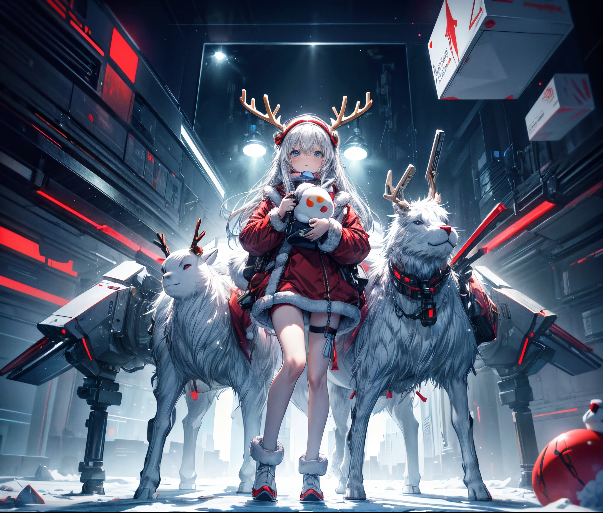 Reindeer, (blind box toy style:1.2), nuttcraker toy, (Full Body Shot) , 1 Transparent Santa claus, Behind him is a snowman and reindeer, snowflakes, Transparent mecha, Exquisite Helmet:1.2, glowing goggles:1.2, Cyberpunk, Dreamy Glow, Luminous neon lamp, clean, white background, ( Global illumination, raytracing, HDR, unreal render,reasonable design, high detailed, masterpiece, best quality, UHD, Cinematic Lighting)