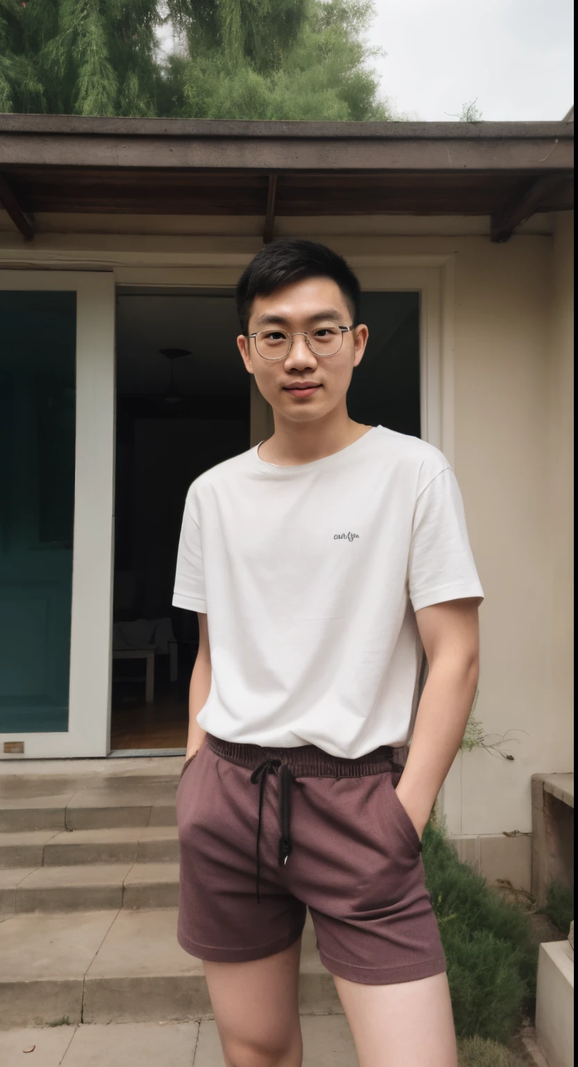 Old photo, Andrew thomas huang, oval face, square eyeglasses, slim, oversized shirt, shorts, in front of the house