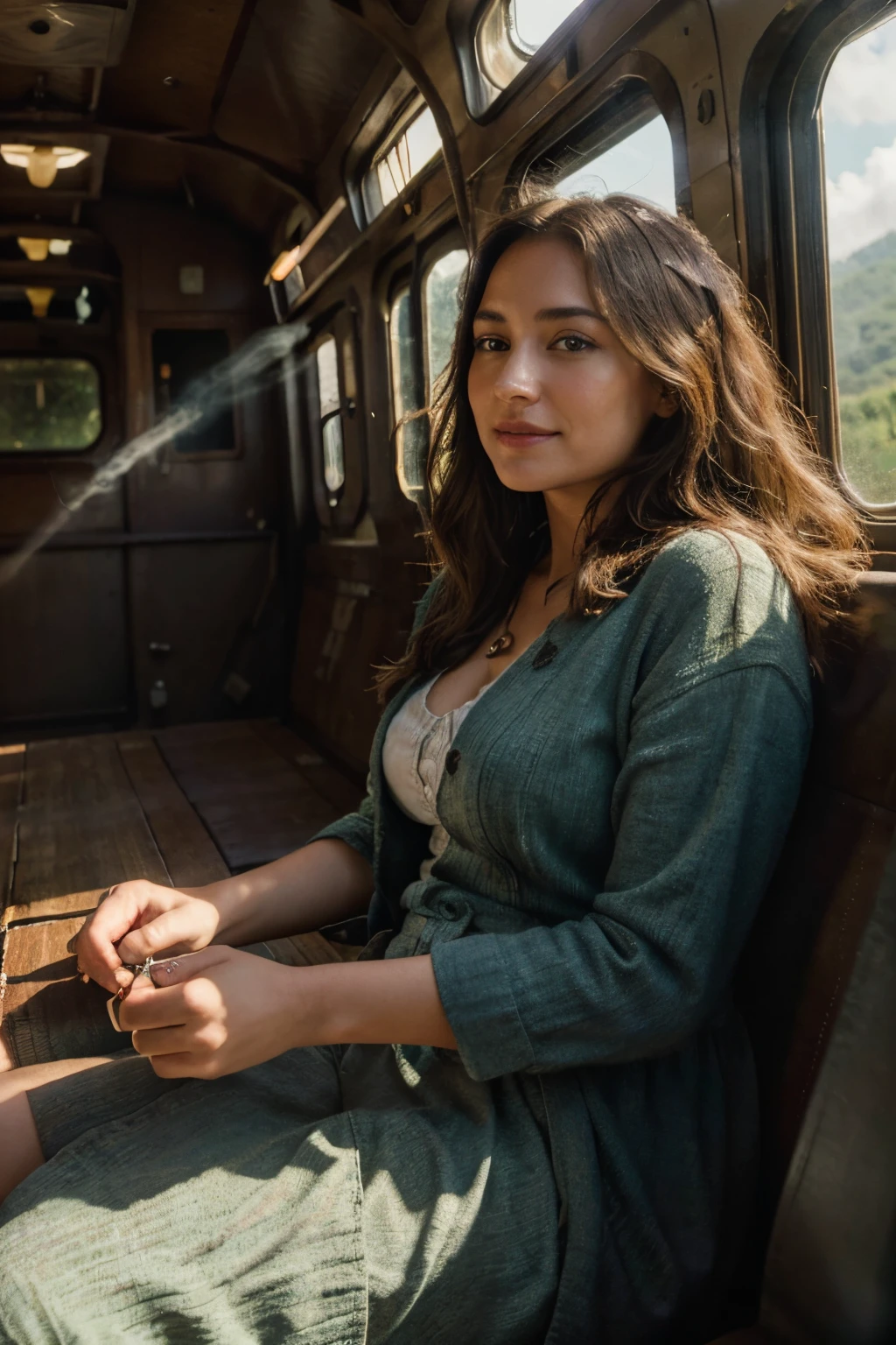 A train,riding through a vibrant countryside,sunlight streaming through the windows,romantic scenery,old-fashioned steam engine,clouds of smoke,puffs of steam,tunnels rushing by,the sound of wheels on tracks,passengers in period costumes,excitement and anticipation,dreamlike atmosphere,soft focus effect,artistic brushstrokes,rich color palette,warm tones,morning sunbeams,glowing landscapes,majestic mountains,rolling hills,lush green fields,flower-filled meadows,flowing rivers and streams,sunflowers swaying in the breeze,birds flying overhead,happy faces,laughter and chatter,adventure awaits. (best quality,4k,8k,highres,masterpiece:1.2),ultra-detailed,(realistic,photorealistic,photo-realistic:1.37),HDR,UHD,studio lighting,ultra-fine painting,sharp focus,physically-based rendering,extreme detail description,professional,vivid colors,bokeh,portraits,landscape.
