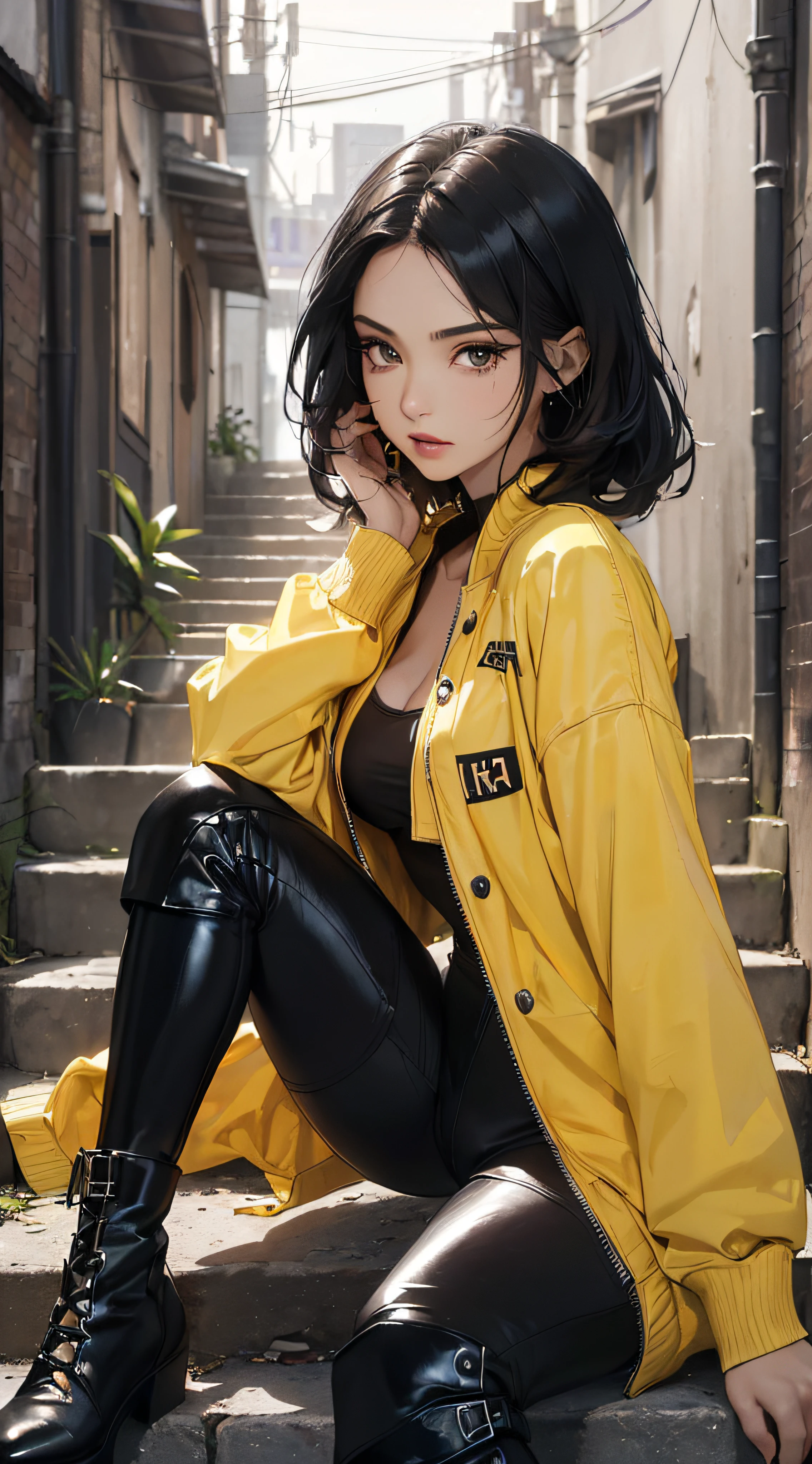 (((8k wallpaper of extremely detailed CG unit:1.2, ​masterpiece, hight resolution:1.2, top-quality:1.2, masutepiece))), ((a very beautiful woman, Woman sitting on stairs:1.5, foot out of frame:1.5)), ((extra detailed face, Highly detailed black eyes, extra detailed body, Top quality real texture skins)), (Black straight hair, de pele branca, Small, Revealed cleavage and thighs:1.3, Wearing hot pants, Wearing a jacket, wearing boots, street wear:1.2, Cyberpunk costumes), ((Empty alley, Mileland)), hyper realisitic, digitial painting,