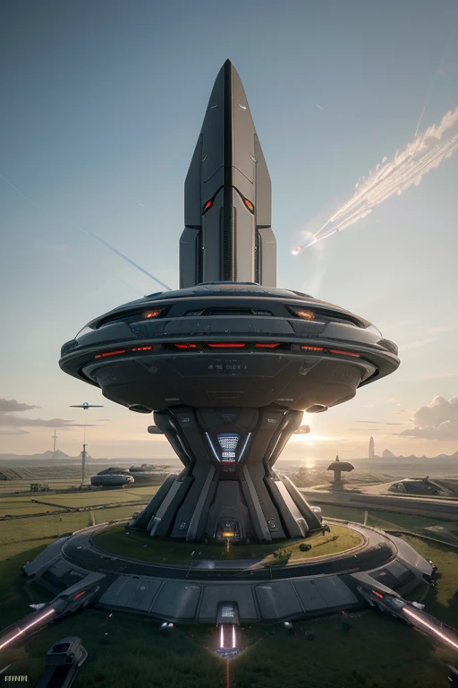 a close up of a futuristic spaceship on a grassy field, concept art inspired by Choi Buk, cg society contest winner, cubo-futurism, chrome military base, hexagonal planetary space base, futuristic outpost building, laser turret, lone industrial!!! spaceship!!, industrial humanity spaceship, scifi base, star base, ingame image, rocket league tank, futuristic base