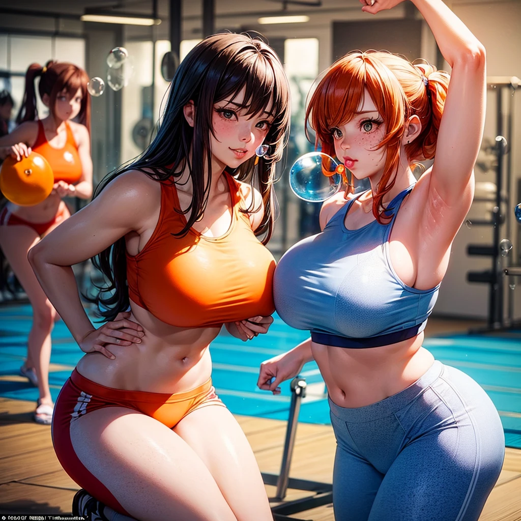 sfw, 1990's photograph, (smirking Female ginger haired freckled Japanese cosplayer blowing an orange colored massive gigantic enormous room filling transparent bubblegum bubble from her lips at a women's gym), (two Japanese cosplay women looking surprised at bubble also blowing bubblegum bubbles from their lips)