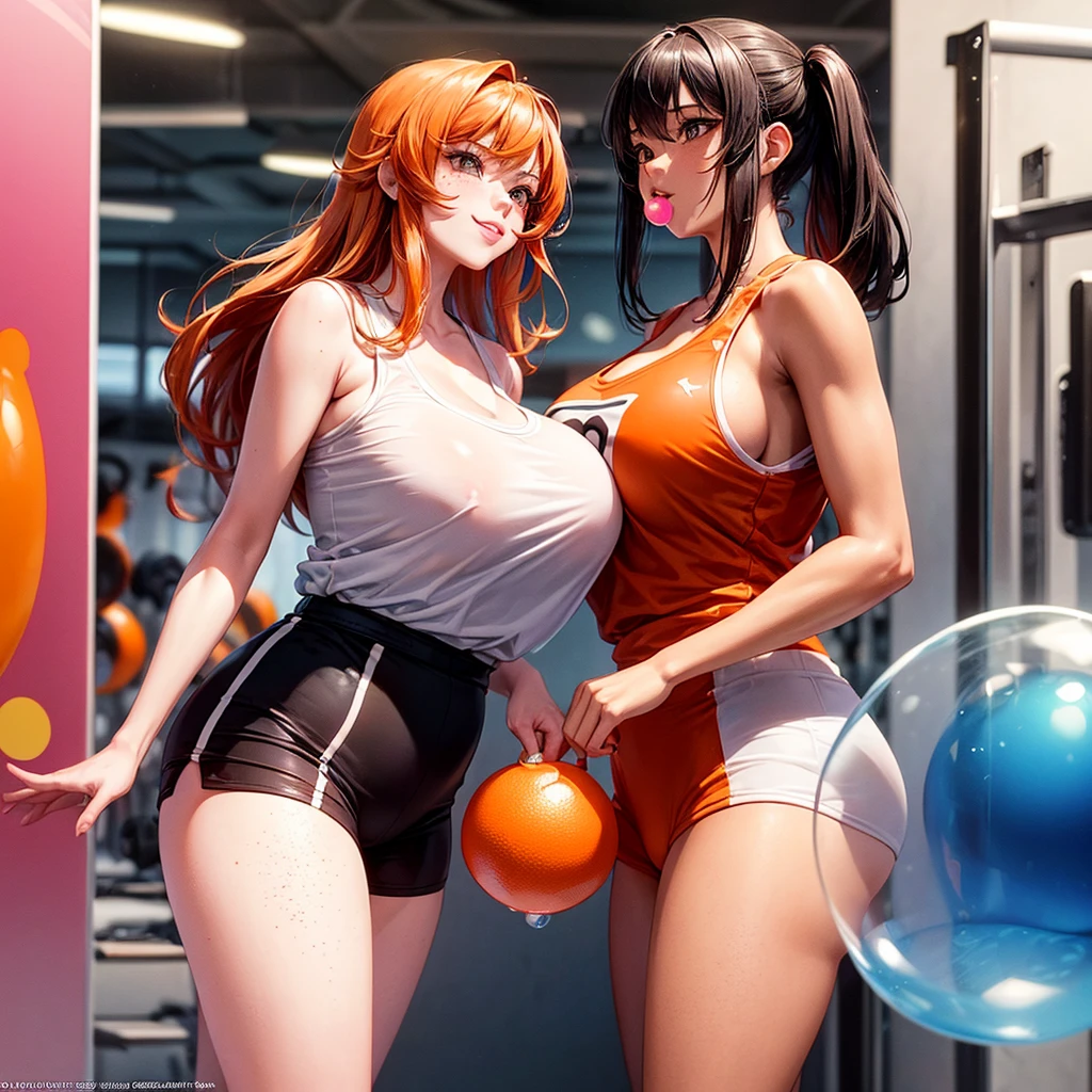 sfw, 1990's photograph, (smirking Female ginger haired freckled Japanese cosplayer blowing an orange colored massive gigantic enormous room filling transparent bubblegum bubble from her lips at a women's gym), (two Japanese cosplay women looking surprised at bubble also blowing bubblegum bubbles from their lips)
