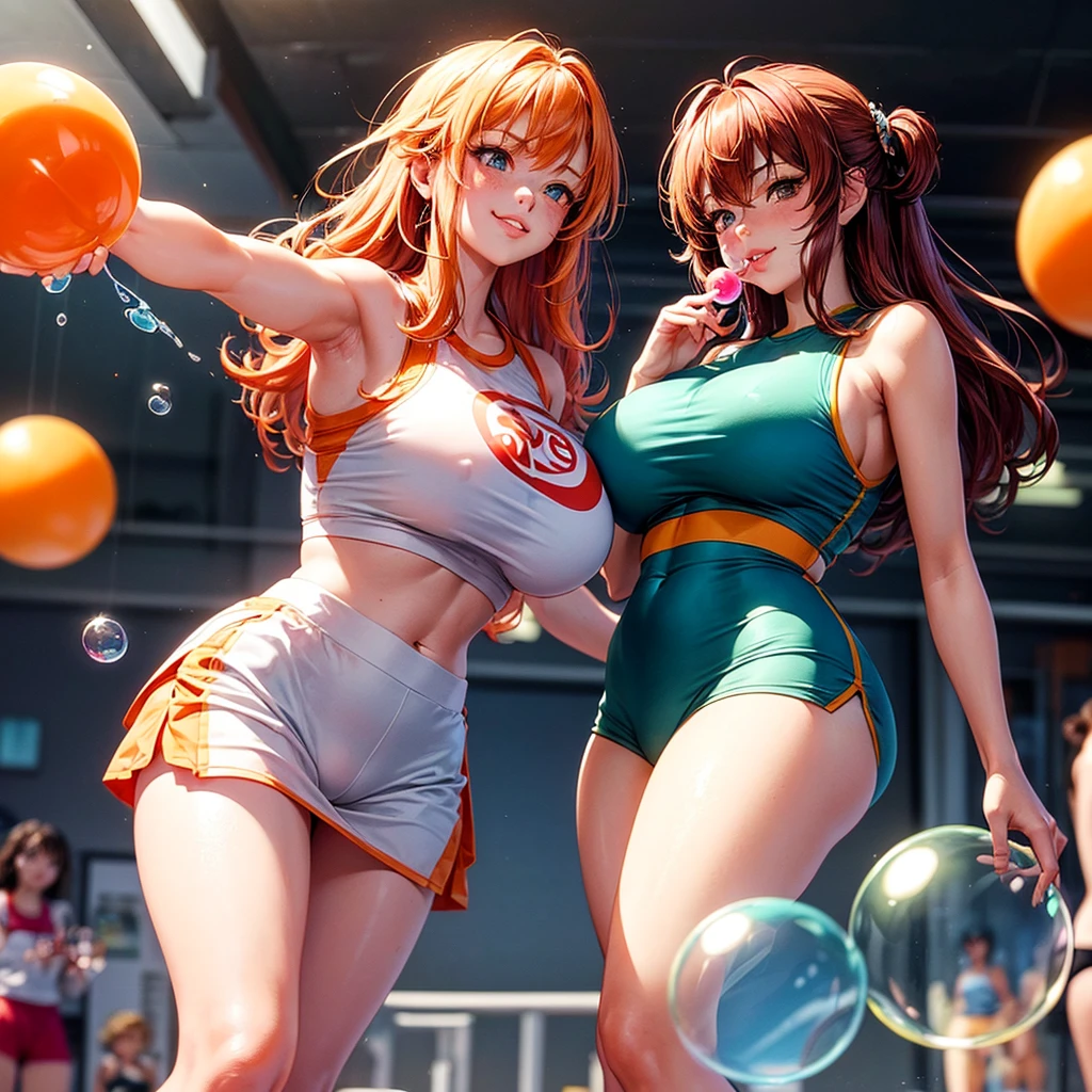 sfw, 1990's photograph, (smirking Female ginger haired freckled Japanese cosplayer blowing an orange colored massive gigantic enormous room filling transparent bubblegum bubble from her lips at a women's gym), (two Japanese cosplay women looking surprised at bubble also blowing bubblegum bubbles from their lips)