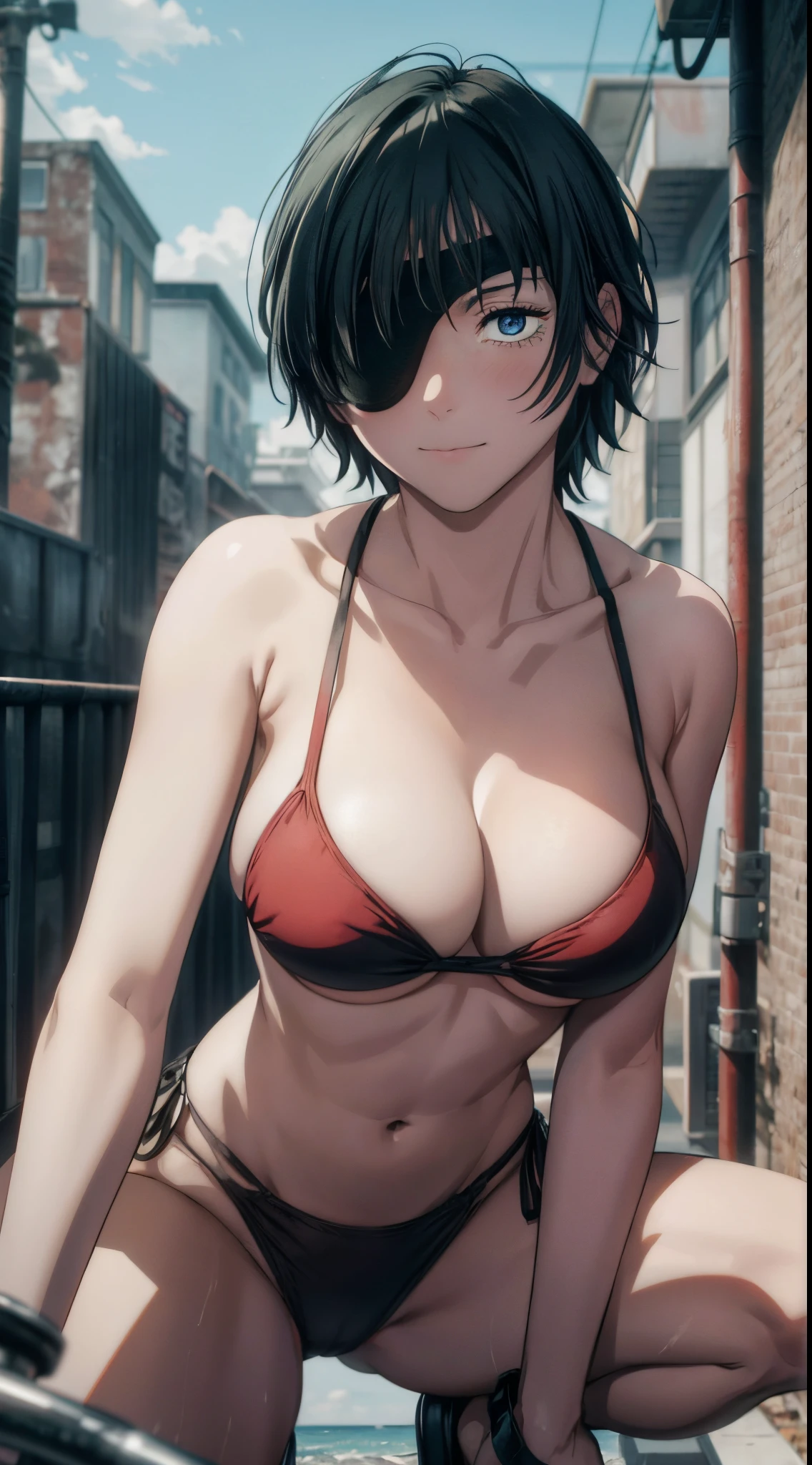 black eye patch, right eye covering, short hair, blue eyes, short black,black eye patch, 1girl, himeno (chainsaw man), masterpiece, best quality, high resolution, , eye patch, chest, cowboy shot, outdoor, bikini, spread legs, squatting,background sea,HMN1,sea,micro bikini,from behind,back shot, red bikini