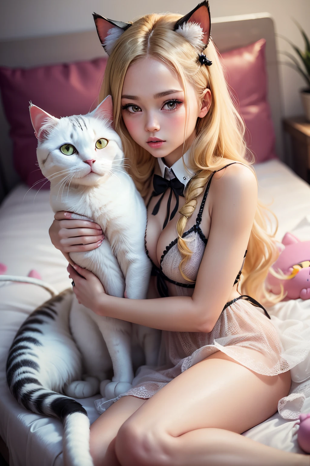 blond haired girl with a hello kitty stuffed animal on a bed, avril lavigne, hello kitty, very beautiful cute catgirl, ellen von unwerth, attractive cat girl, hello, !!!! cat!!!!, yami kawaii, white cat girl, white ( cat ) girl, devon cady-lee, hana alisa omer, elokitty