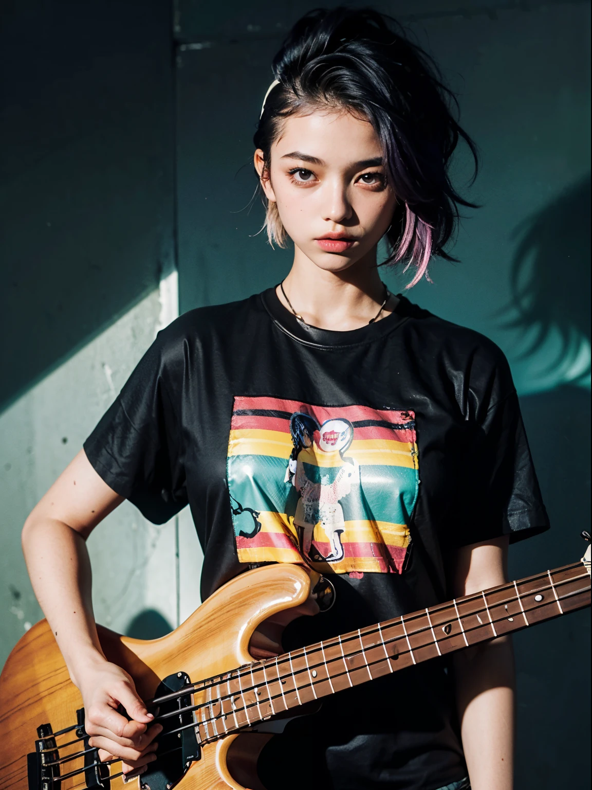 An 18-year-old woman,(hi-top fade:1.3),rainbow hair, Side Shaved Hair, (Play the electric bass, 4 Strings), Dark theme, Muted colors, High contrast, (Tuttos skin texture, Hyper-Realism, Soft light, sharp), Psychedelic T-shirt,