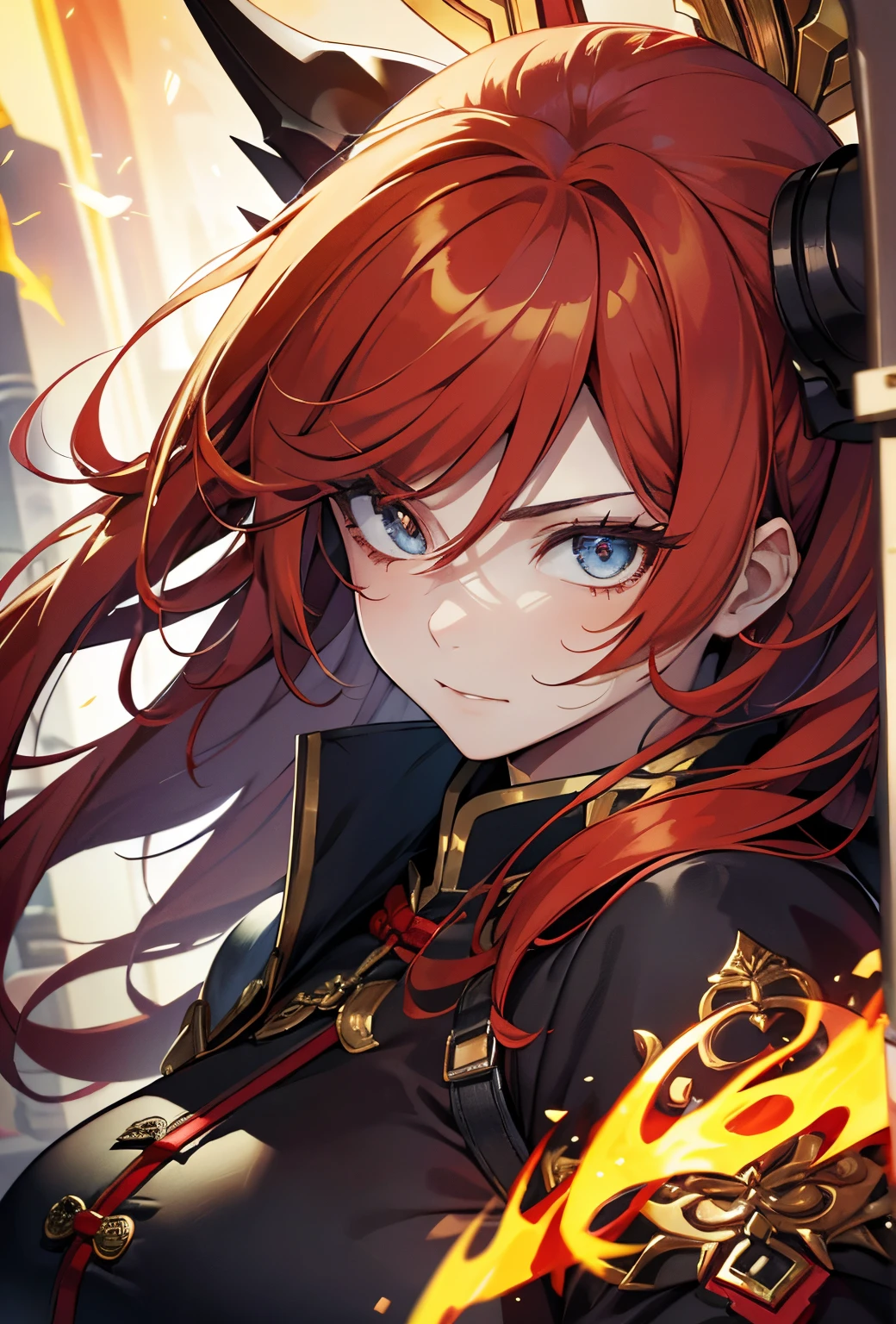 best qualtiy，tmasterpiece，Ultimate Resolution，downy，highly colorful，Woman,Flame-haired Shakugan,dragon horn、China、,Kungfu,Powerful eyes,deep red hair and eyes,Show fangs