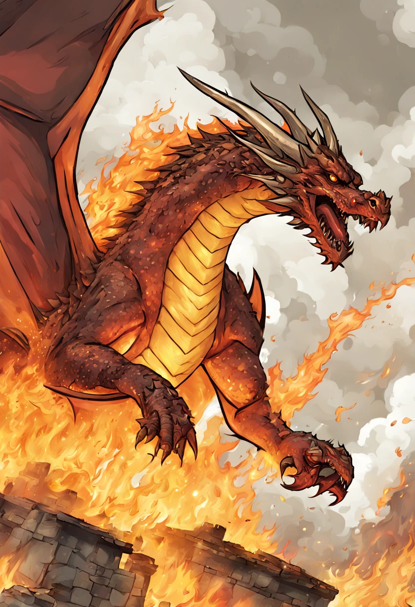 Create a comic panel page, FULL BODY giant dragon flying above and fire spreading with flames