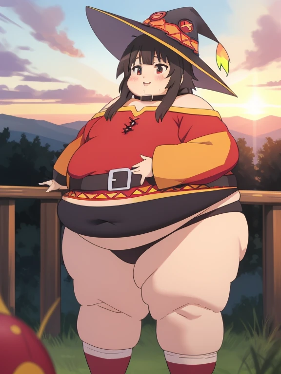 Fat Megumin, masterpiece, Best Quality, realistic anime, sunset, explosion
Sibitai.With preview, obese body, black panties, thick thighs, fat belly, obese , fat arms, big cheeks, cute and fat face, happy