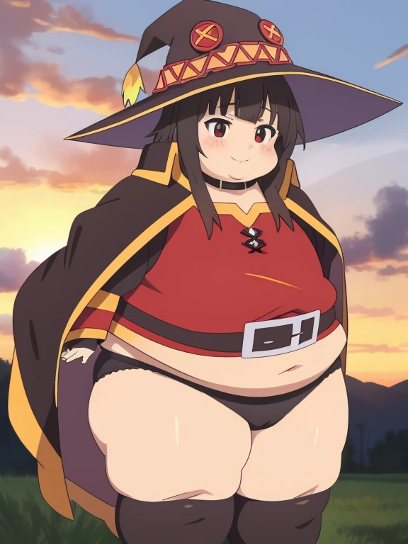 Fat Megumin, masterpiece, Best Quality, realistic anime, sunset, explosion
Sibitai.With preview, obese body, black panties, thick thighs, fat belly, obese , fat arms, big cheeks, cute and fat face, happy