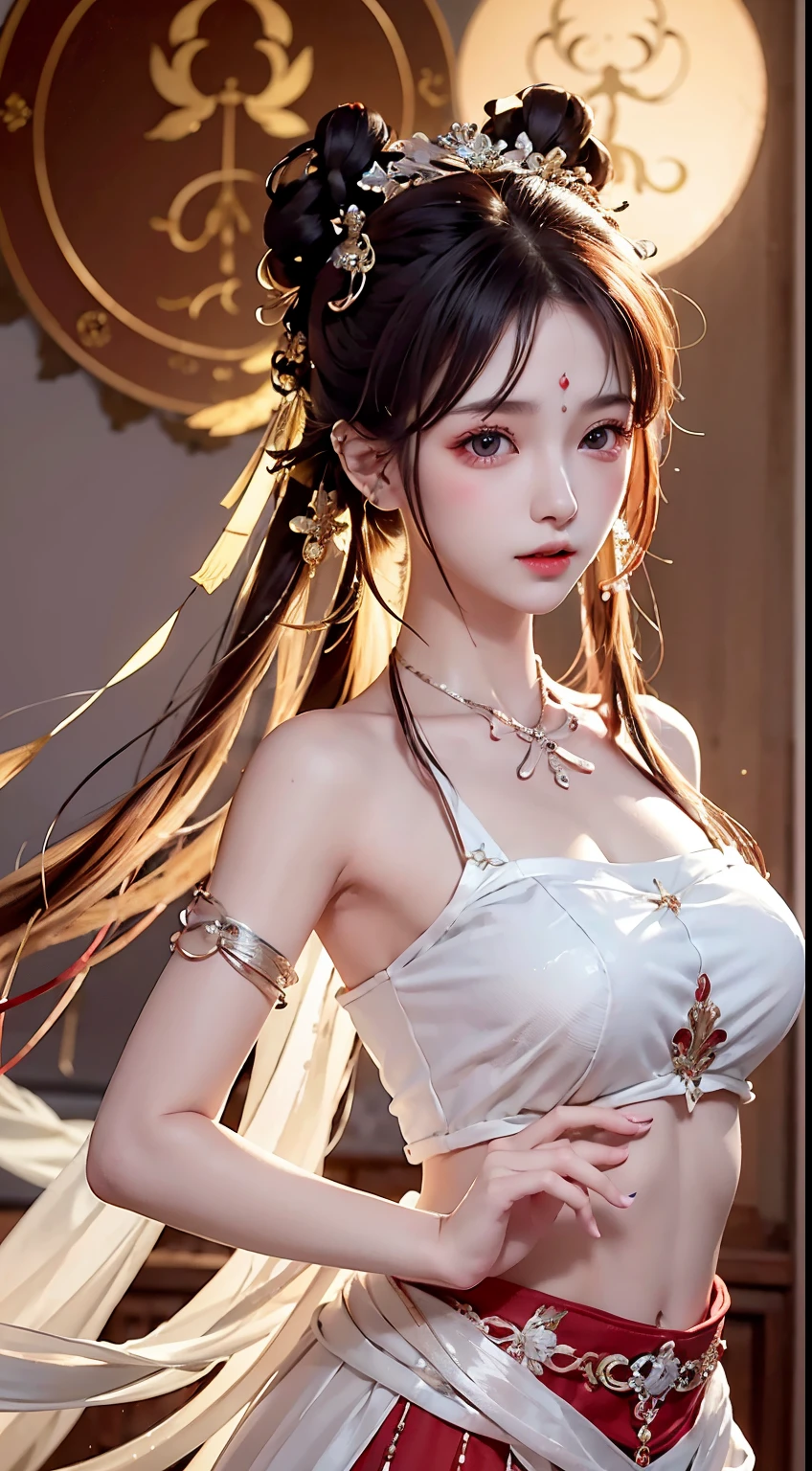 Bust photo，a beautiful  woman，messy  hair，Teenage girl，Symmetrical bun，hair adornments，jewely，The face is delicate，eye shadows，Red top，red colour，The white，Crop topping，red long skirt，Dunhuang style，delicate embroidery，silver ornaments，silver streamer，white streamer，light blue streamer，fine skin，Soft light effects，Hair is fine and smooth，exquisite detailing，Eye highlights，White skin of the，Fine portrayal，extreme hight detail，Cinematic quality，being thin，slenderness，Fragmentation，hair detail，Thin bangs，Shawl hair，Correct bodies，cel shadow，Air bangs，8K，Super meticulous，fine fabric texture，Softness，compliant，Smooth texture，Dunhuang style，delicate patterns，Correct hand drawing，Anatomical correct，Acura，natta，the night，lamplight，dingdall effect，ray traycing，Head-up display，